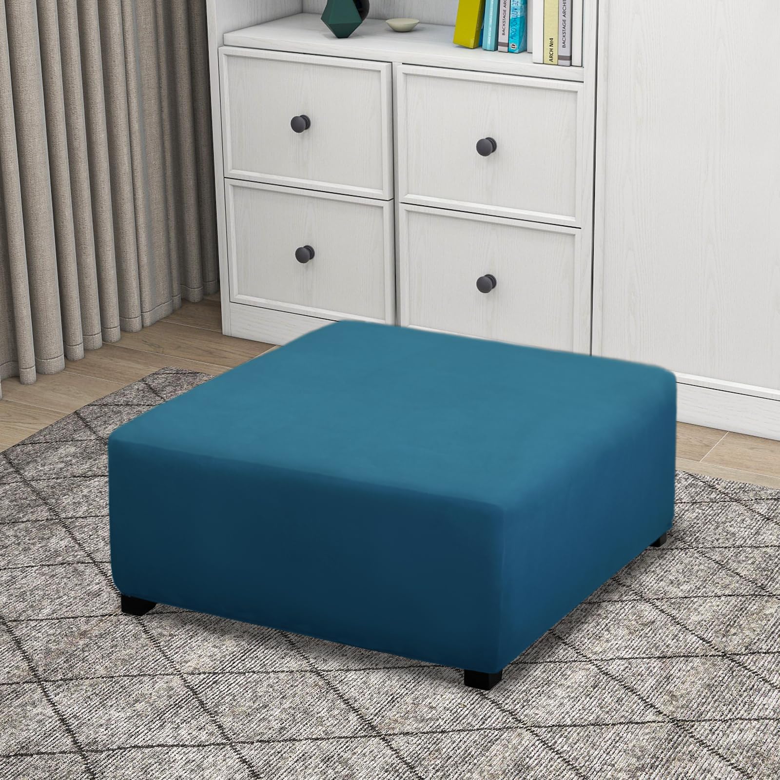 Purefit Super Stretch Form Fit Square Ottoman Cover Rectangle - Ottoman Slipcovers For Foot Stool & Folding Storage Furniture For Living Room With Nonslip Elastic Bottom (Medium-Xl, Peacock Blue)