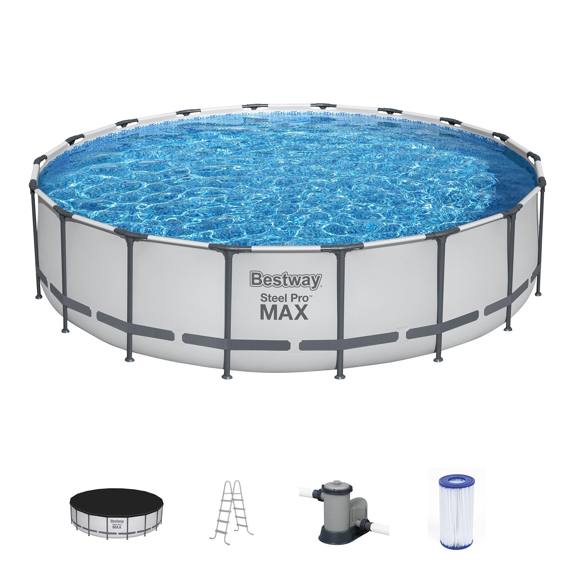 Bestway Steel Pro Max 18 Foot X 48 Inch Round Metal Frame Above Ground Outdoor Swimming Pool Set With 1,000 Filter Pump, Ladder,