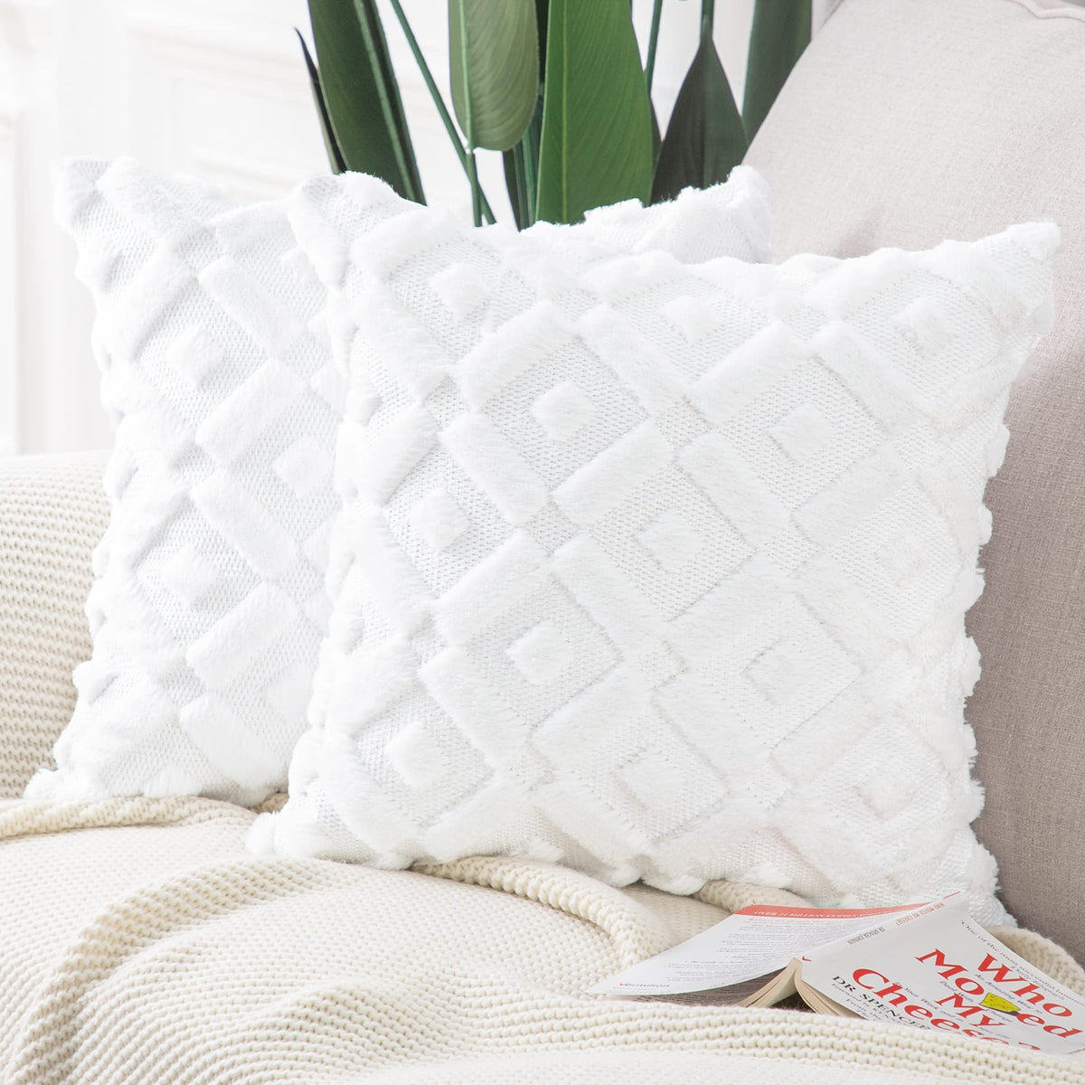 Madizz Set Of 2 Soft Plush Short Wool Velvet Decorative Throw Pillow Covers 20X20 Inch White Square Luxury Style Cushion Case Pi