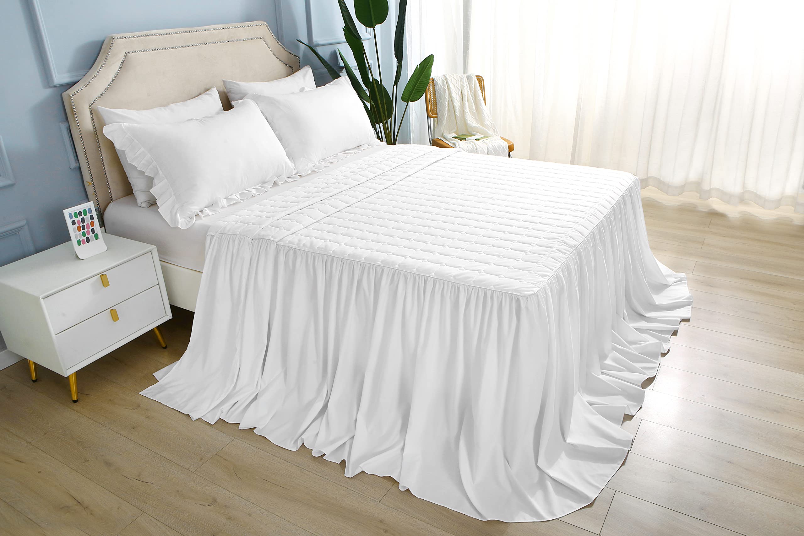 Meaning4 White Ruffled Bedskirt Quilted Bedspread Bed Blanket Lightweight 1 Piece King Size