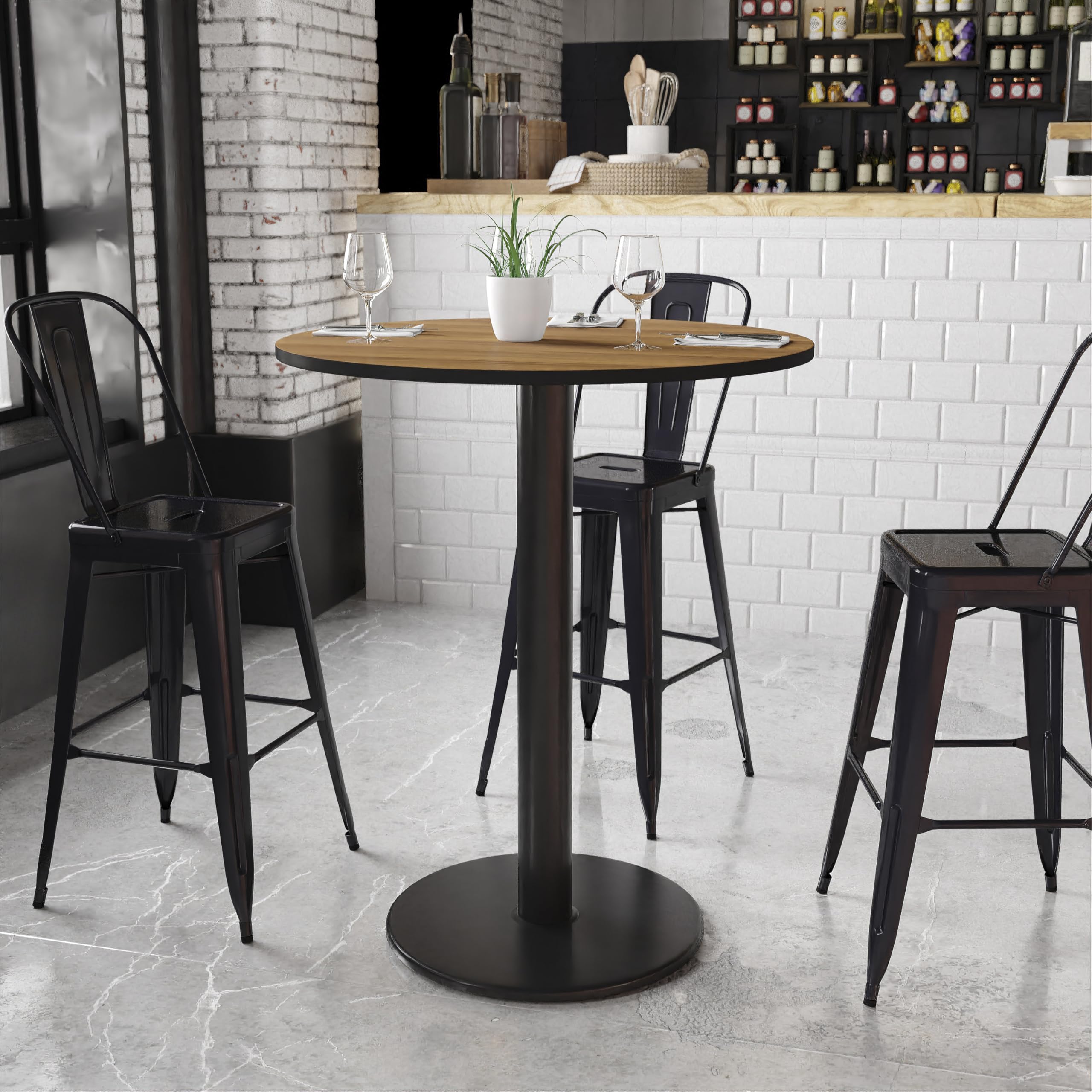 Flash Furniture Stiles 36'' Round Walnut Laminate Table Top With 24'' Round Bar Height Table Base