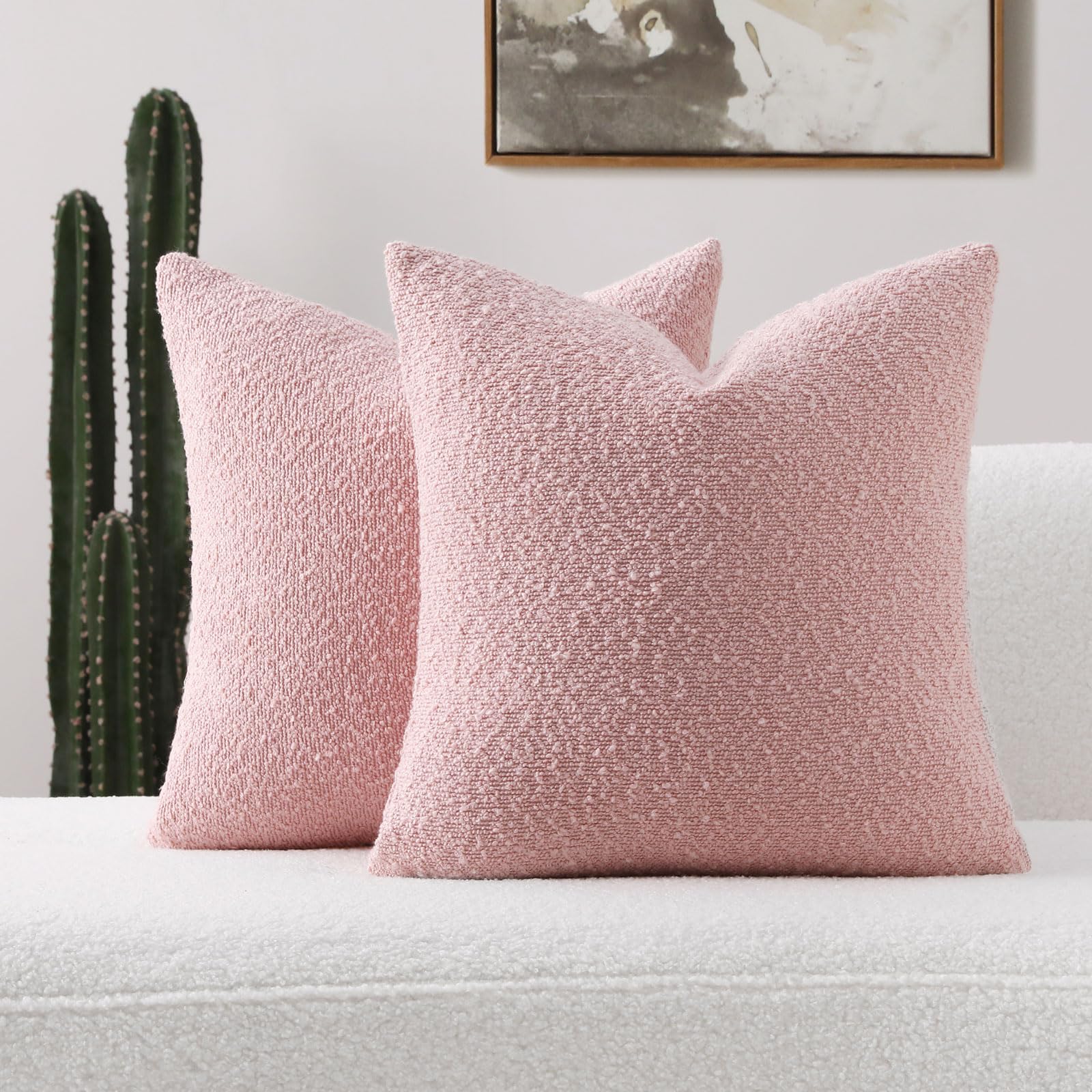 Futei Pack Of 2 Pink Boucle Accent Decorative Throw Pillow Covers,18X18 Inch Soft Solid Textured Cushion Case,Home Decor For Cou