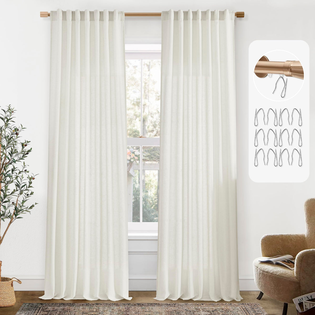 100 Inch Linen Curtains for Living Room,Privacy Curtains That Let Light In,Hook Belt Back Tab Natural Window Treatments Boho Sem