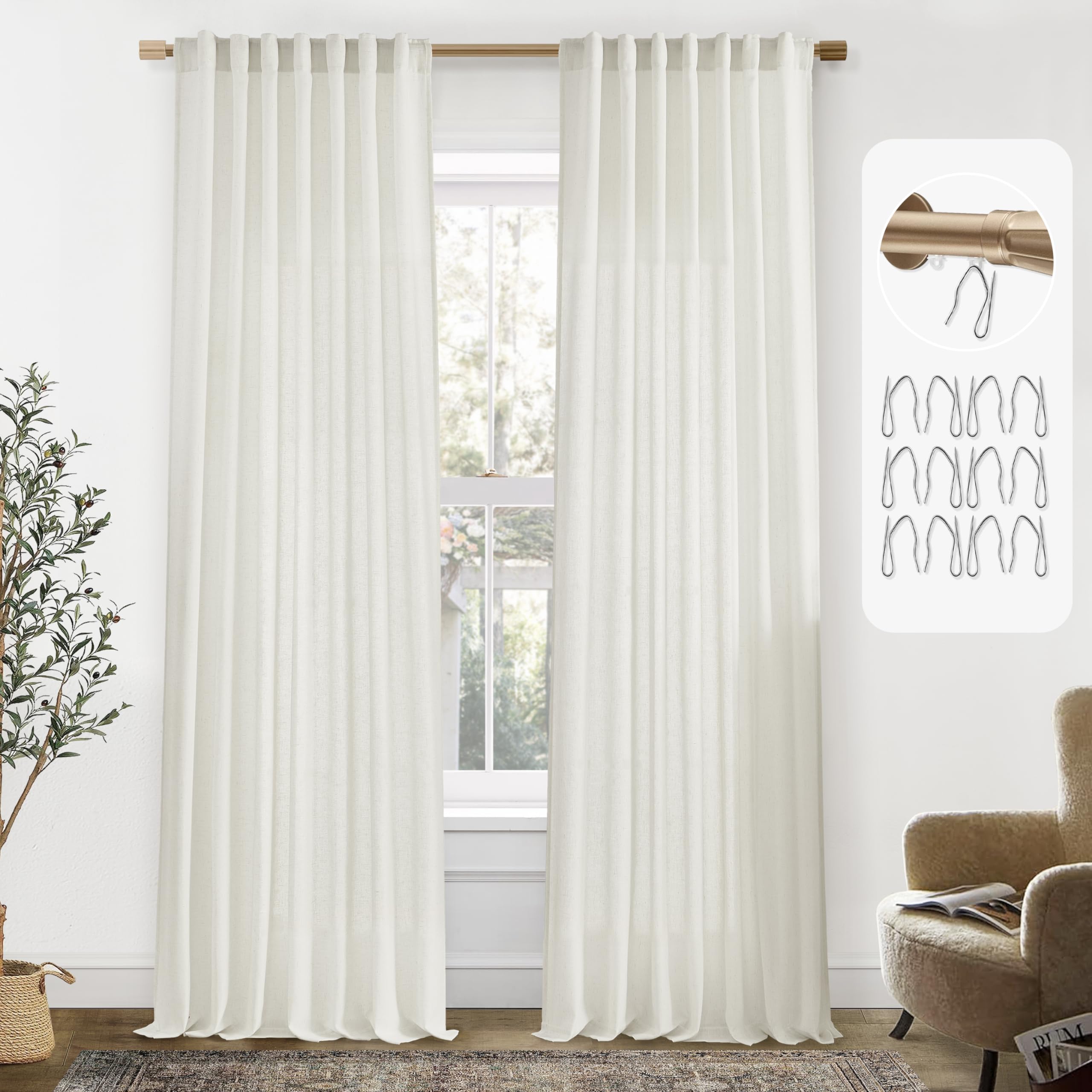 100 Inch Linen Curtains for Living Room,Privacy Curtains That Let Light In,Hook Belt Back Tab Natural Window Treatments Boho Sem