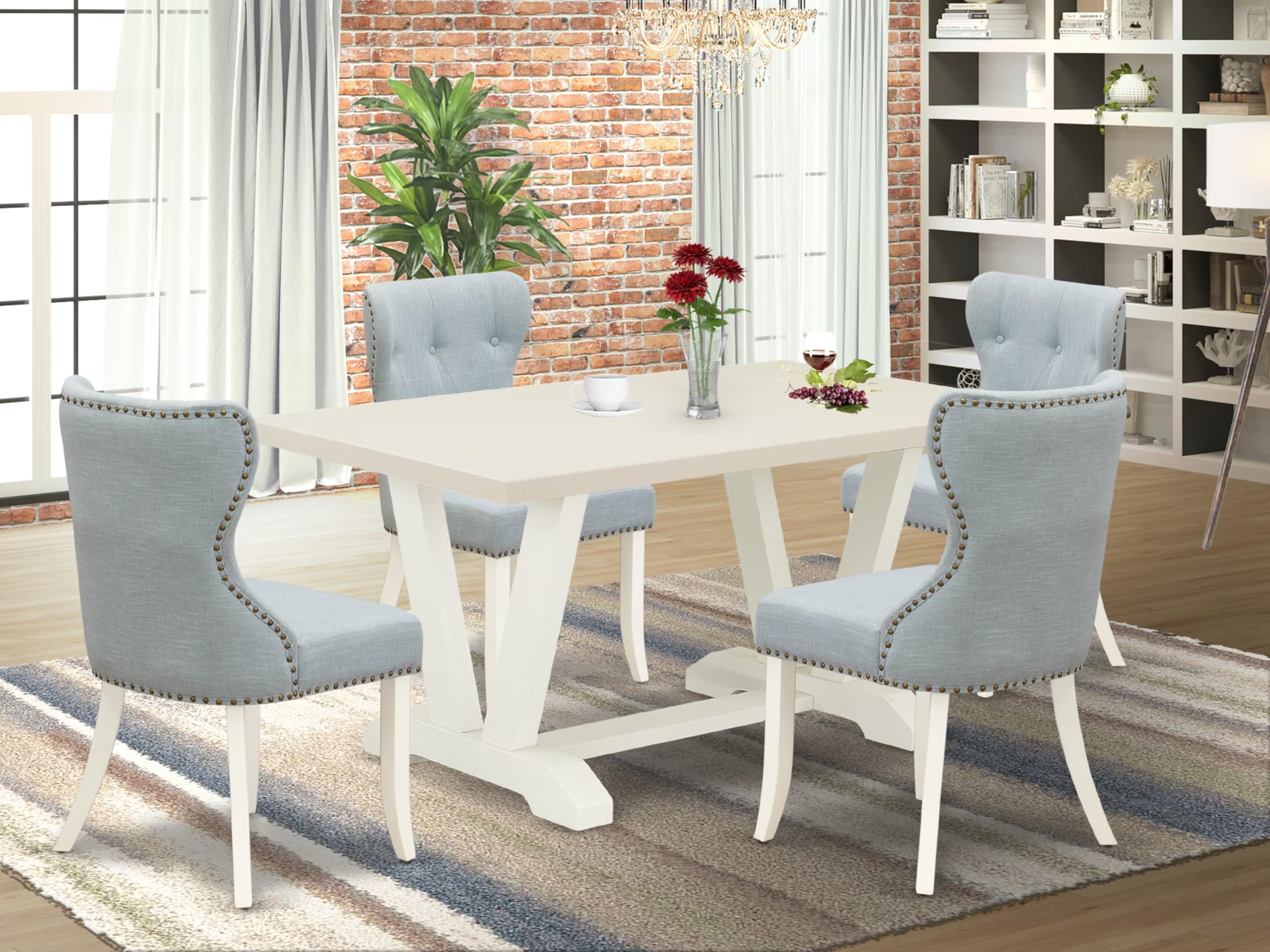 East West Furniture V026Si215-5 5 Piece Modern Dining Table Set Includes A Rectangle Wooden Table With V-Legs And 4 Baby Blue Linen Fabric Upholstered Chairs, 36X60 Inch, Multi-Color