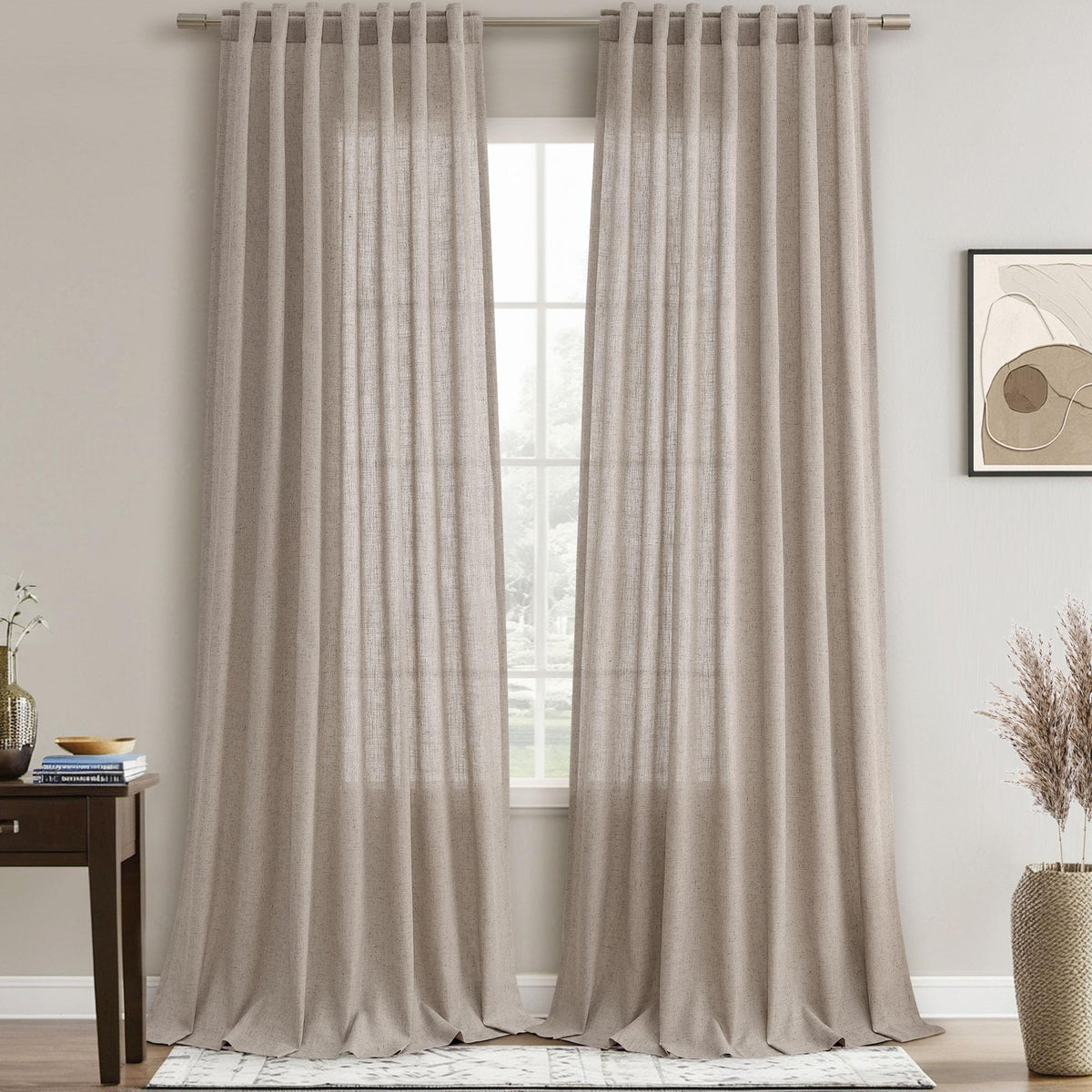 Joywell Beige Tan Linen Semi Sheer Curtains 96 Inches Length Long Rod Pocket Back Tab Hook Belt Clip Rings Window Curtains Drapes For Bedroom Living Room 2 Panels 52X96