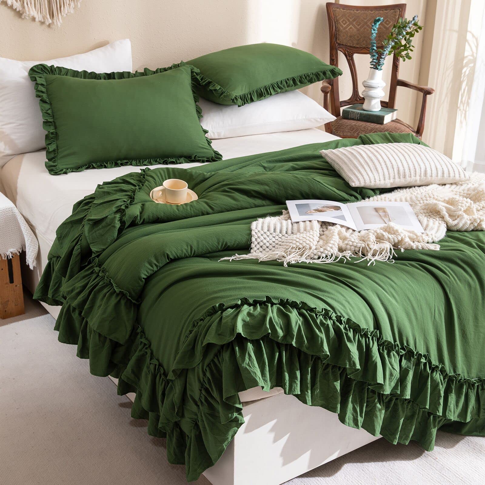 Masaca Olive Green Ruffled Comforter King Size,Farmhouse Shabby Boho Chic King Bed Comforter Vintage Rustic Bedding Ultra Soft 3