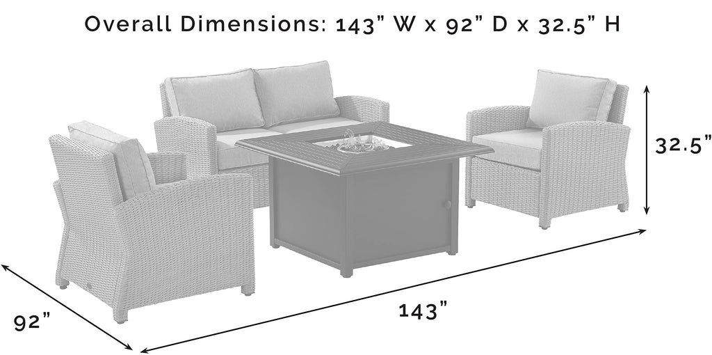 Crosley Furniture Bradenton 4-Piece Wicker Outdoor Loveseat Patio Furniture Set with Gas Fire Pit Table, Brown with Navy Cushions