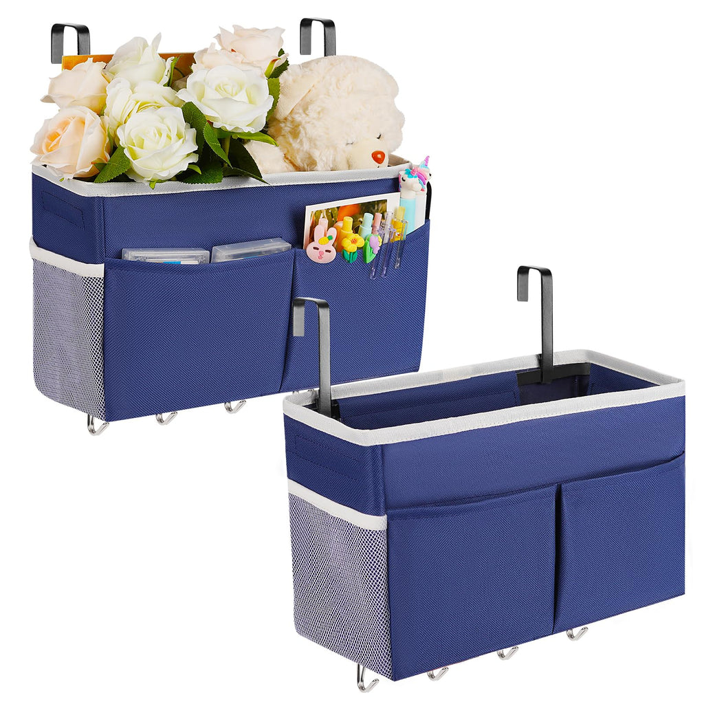 Frjjthchy Bedside Storage Organizer 5 Pockets with 4 Hooks Hanging Storage Bag for Headboards/Bunk Bed (2Pack Dark Blue)