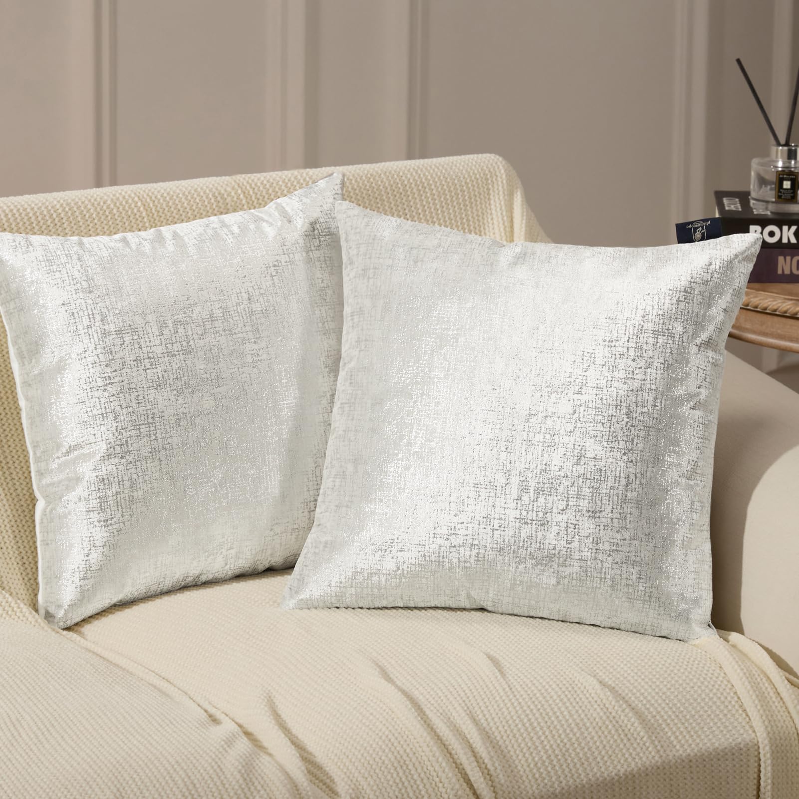 Phantoscope Pack Of 2 Sparkling Velvet Decorative, Silver And White Decorative Velvet Pillow Cover, Solid Square Cushion Cover P