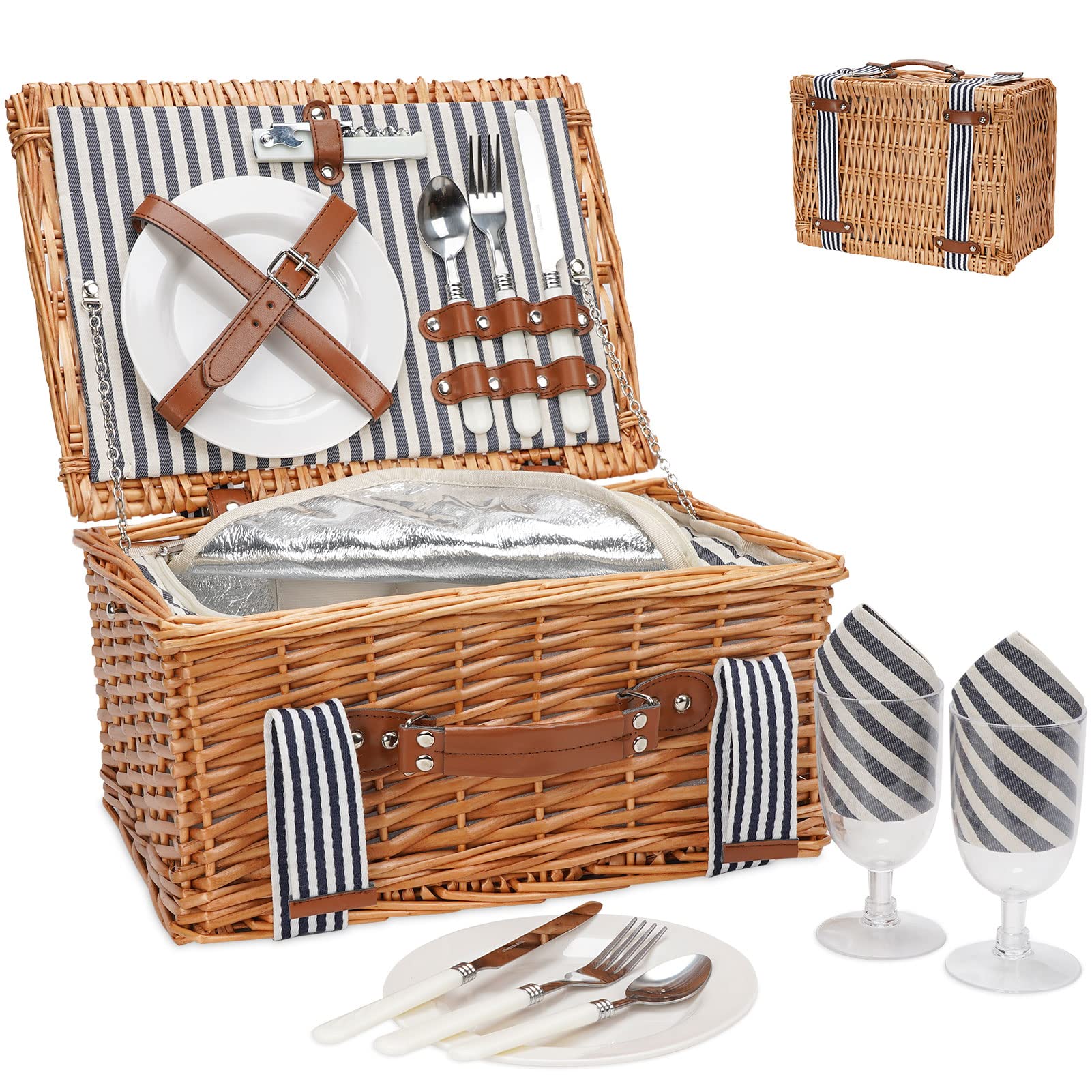 Picnic Basket for 2 Persons,Handmade Wicker Picnic Baskets Set with Insulated Cooler & Cutlery Kit, Gift Basket for Couples,Vale