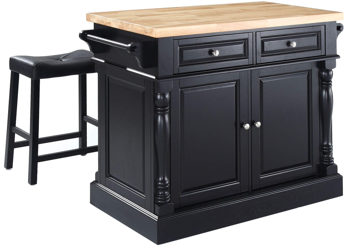 Crosley Furniture Oxford Butcher Block Kitchen Island, Coffee Bar, with a Set of 2 Upholstered Saddle Stools, Black