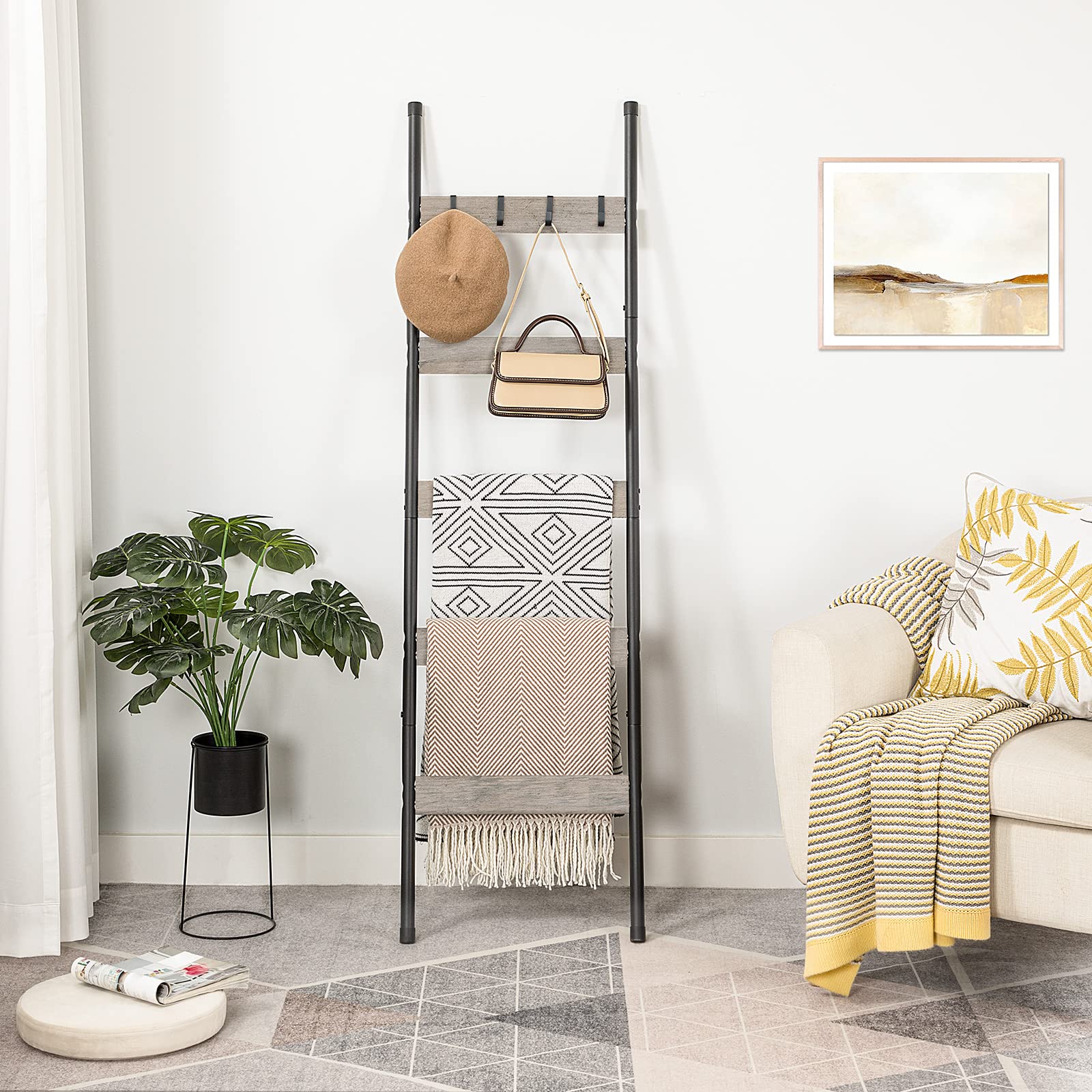 Hoobro Blanket Ladder, 5-Tier Towel Rack With Hooks, Wall-Leaning Blanket Rack, Decorative Display Ladder Shelf, Scarves, Indust