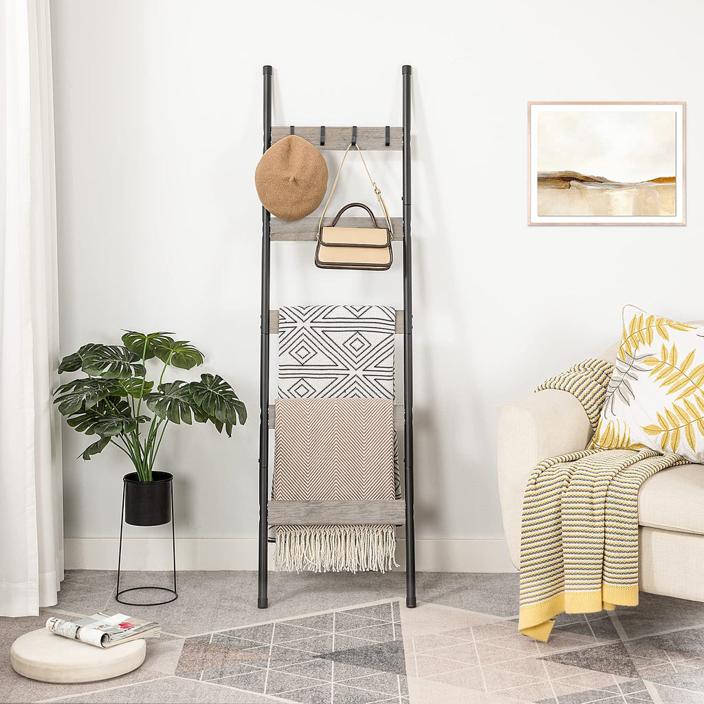 Hoobro Blanket Ladder, 5-Tier Towel Rack With Hooks, Wall-Leaning Blanket Rack, Decorative Display Ladder Shelf, Scarves, Indust