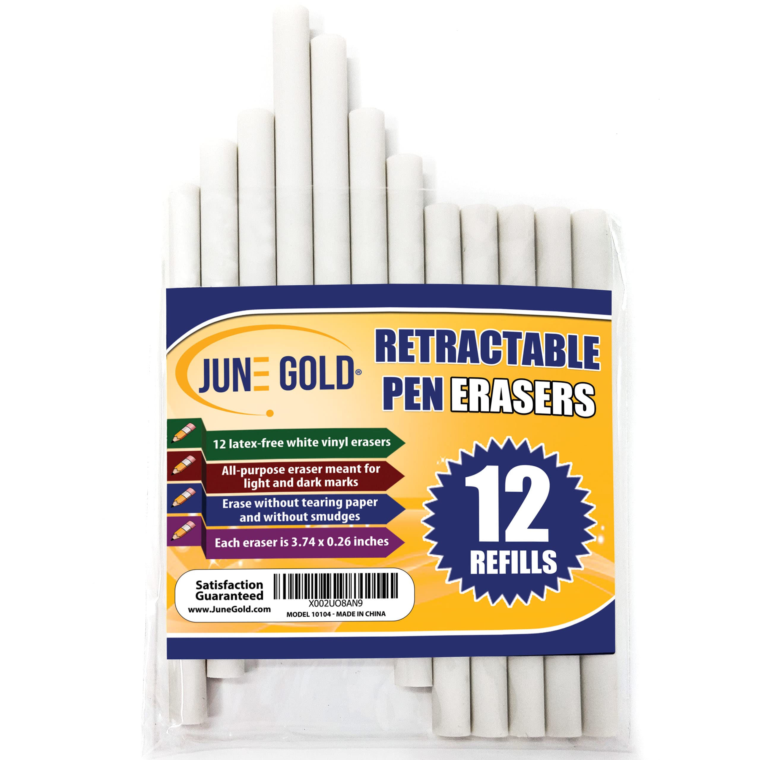 June Gold 12 Pack Of Retractable Pen Eraser Stick Refills - Latex-Free, White Vinyl, & Precision Erasing