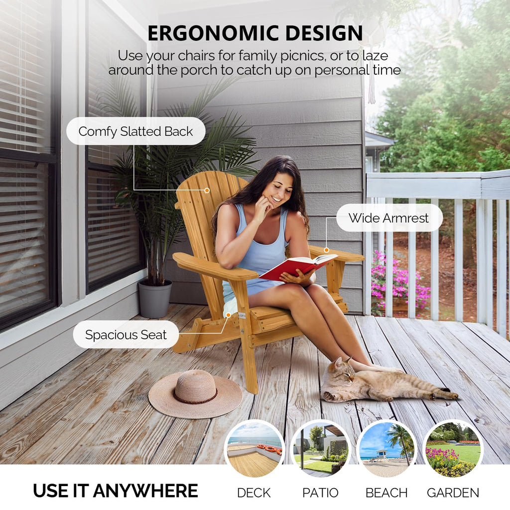 Vingli Wooden Folding Adirondack Chairs Set Of 2 For Outdoor, All Weather Foldable Fir Pit Chairs Clearance Patio Lounge Chairs For Lawn Garden Poolside, Capacity 350Lbs