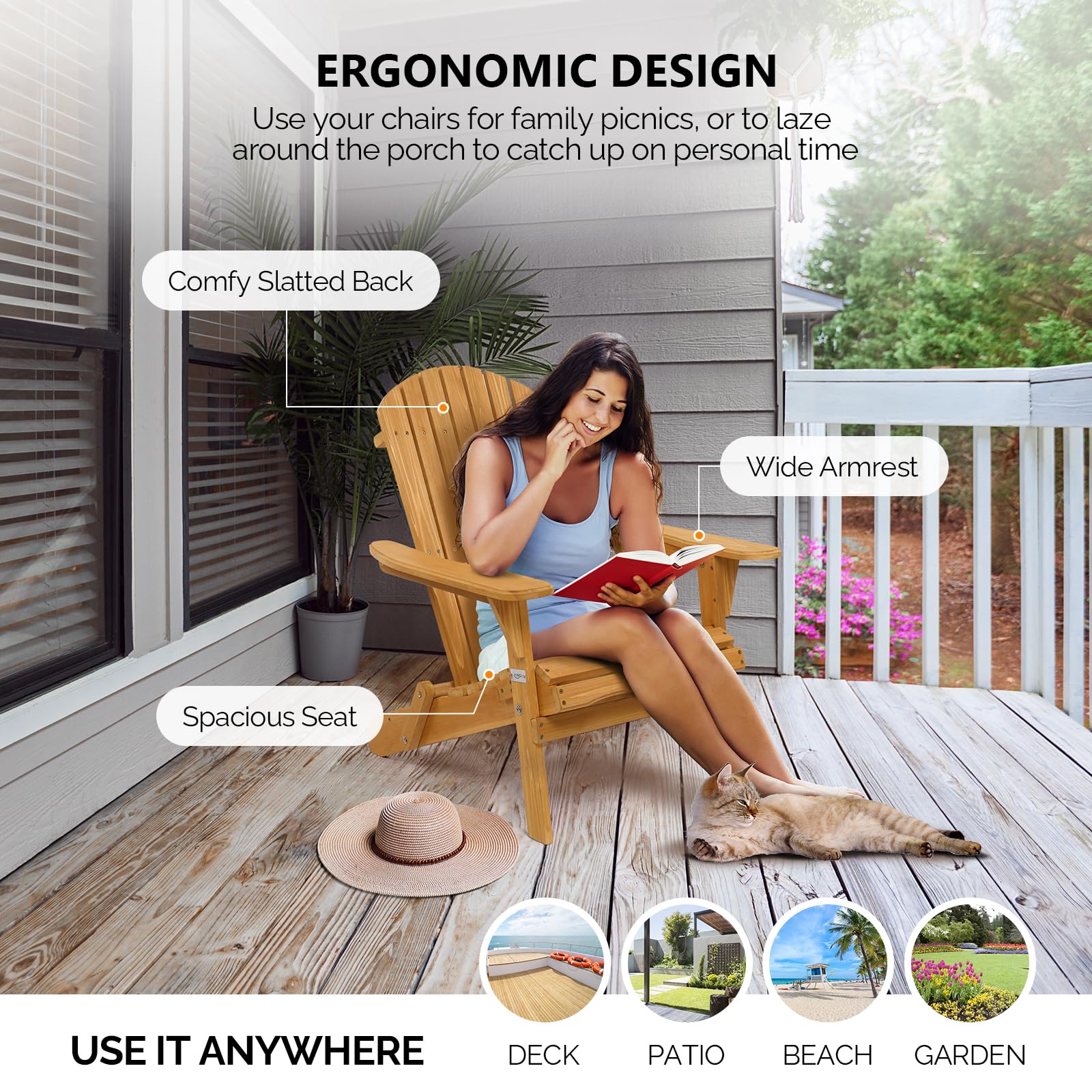 Vingli Wooden Folding Adirondack Chairs Set Of 2 For Outdoor, All Weather Foldable Fir Pit Chairs Clearance Patio Lounge Chairs For Lawn Garden Poolside, Capacity 350Lbs