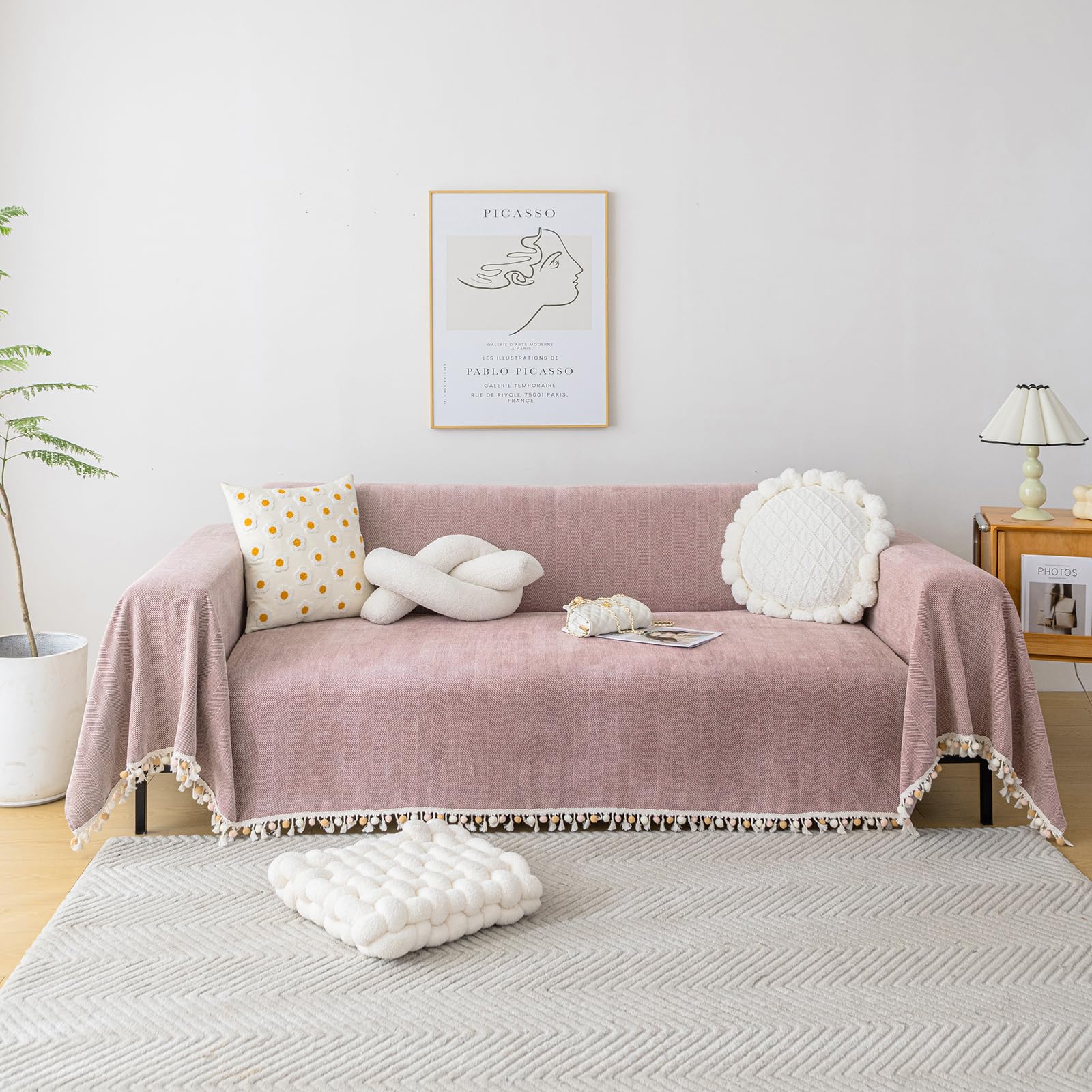 Handontime Soild Couch Covers For Dogs Pink-Purple Sofa Covers Boho Cover For Sofa 3 Seats Chenille Sofa Throw Cover Mauve Sofa Covers For 3 Cushion Couch Tassel Sofa Cover, 71' X134'
