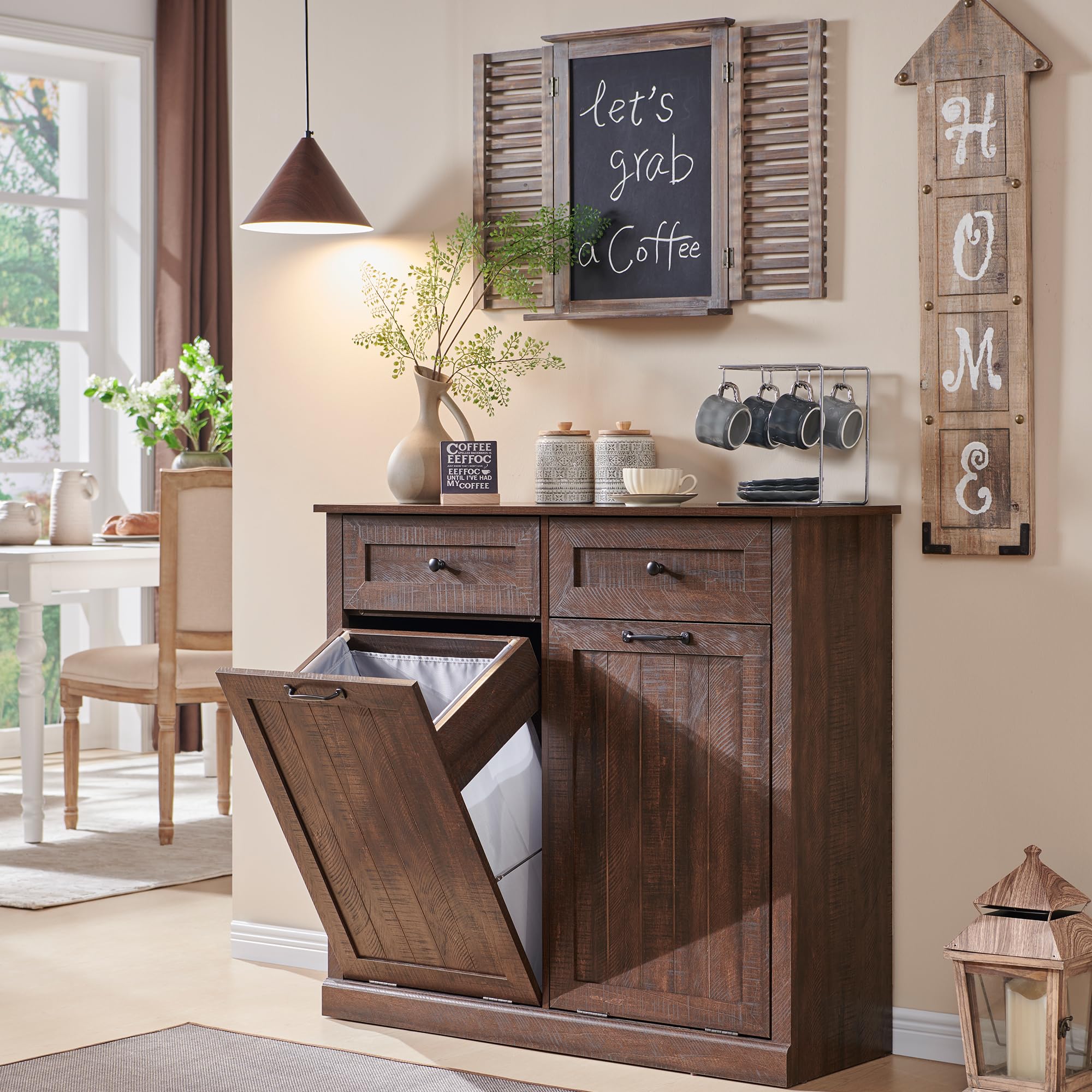 IFGET Double Tilt Out Trash Cabinet, 20 Gallon Farmhouse Laundry Hamper Cabinet with 2 Drawers, Hidden Wooden Trash Can Cabinets