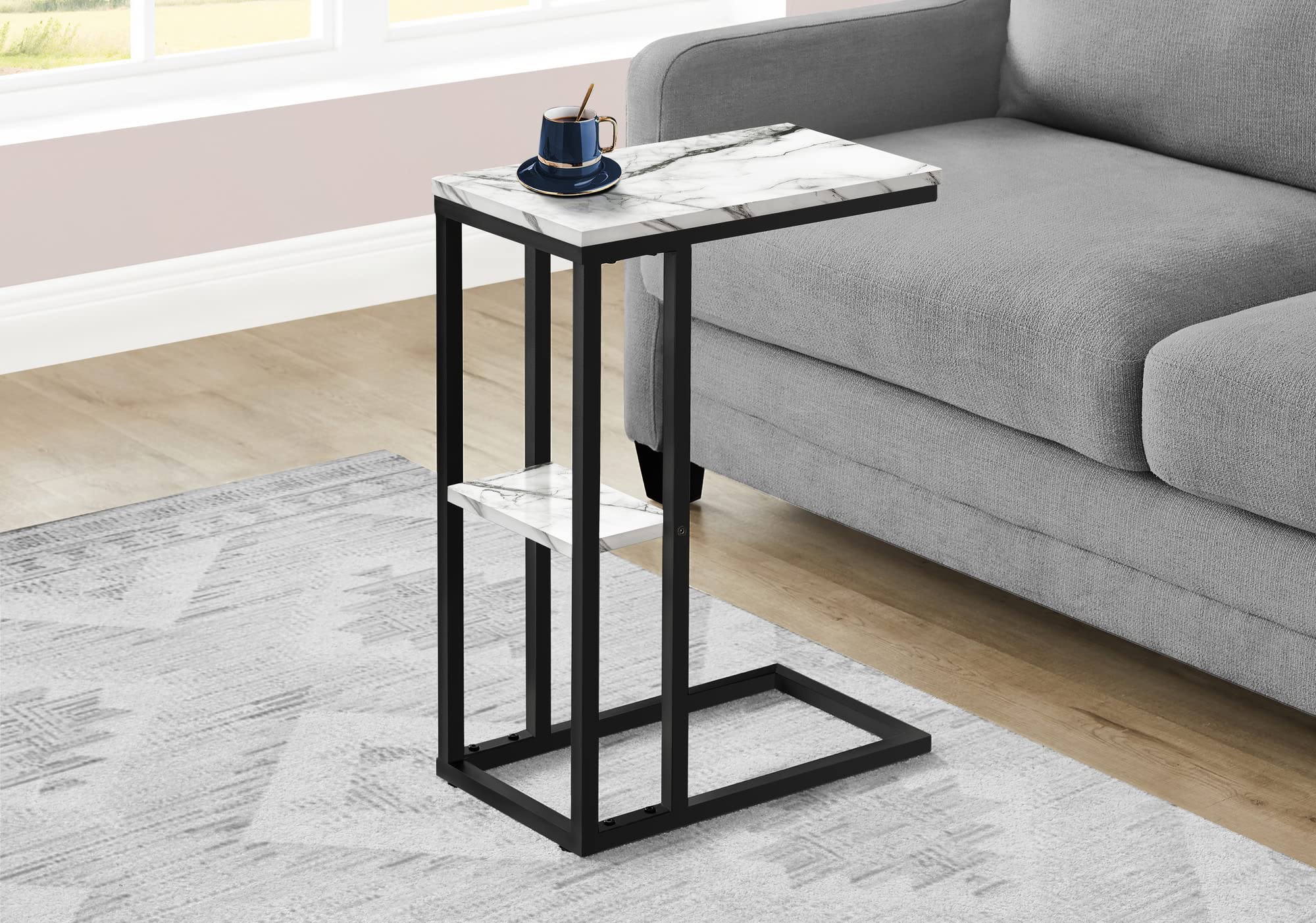 Monarch Specialties 3675 Accent Table, C-shaped, End, Side, Snack, Living Room, Bedroom, Metal, Laminate, White Marble Look, Black, Contemporary, Modern Table-25, 18.25&quot; L x 10.25&quot; W x 25.25&quot; H