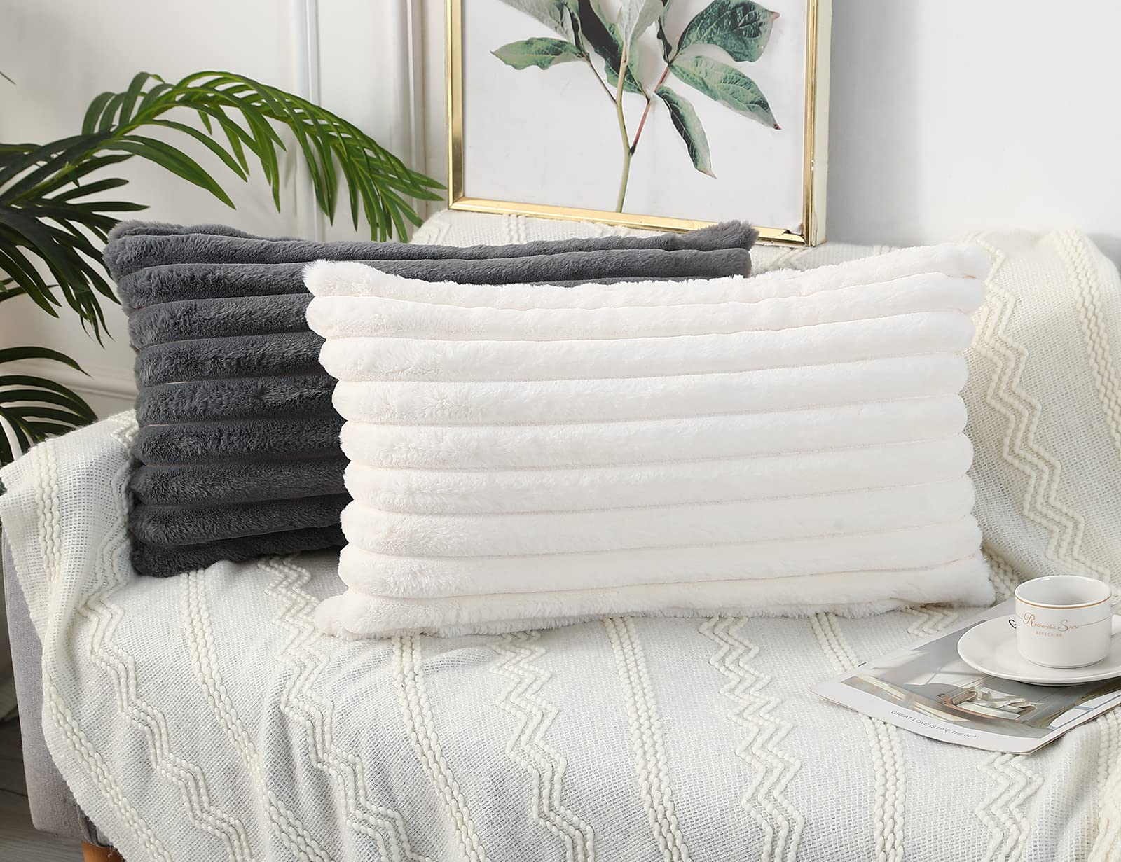 Panod Faux Fur Decorative Lumbar Throw Pillow Covers 14 X 24,Long Boho Lumbar Pillow Covers Pillow Case Cushion Case For Couch B