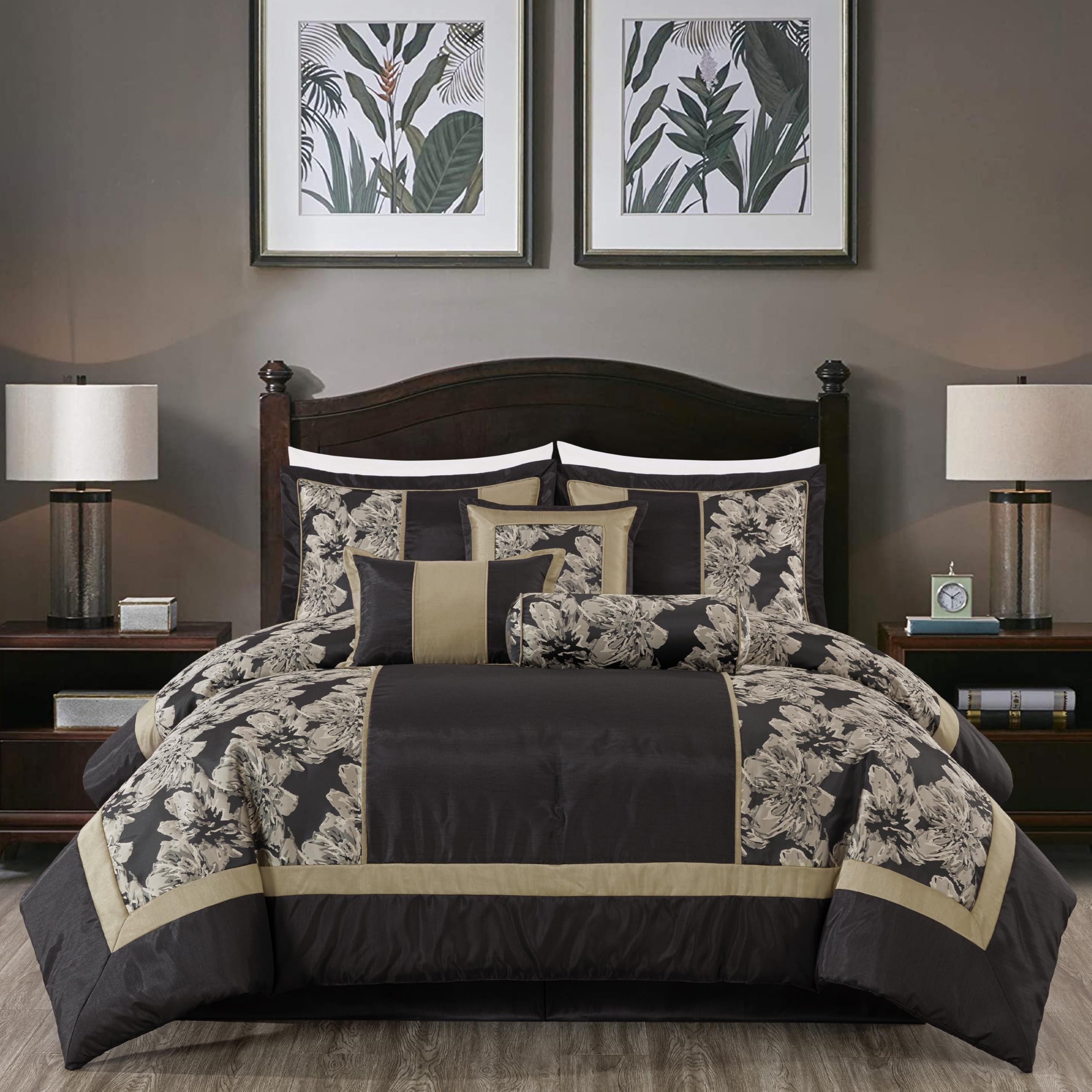 Chezmoi Collection Cameron Comforter Set Oversized King Size, 7-Piece Black Gold Hibiscus Floral Jacquard Bedding Set