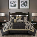 Chezmoi Collection Cameron Comforter Set California King Size, 7-Piece Black Gold Hibiscus Floral Jacquard Bedding Set