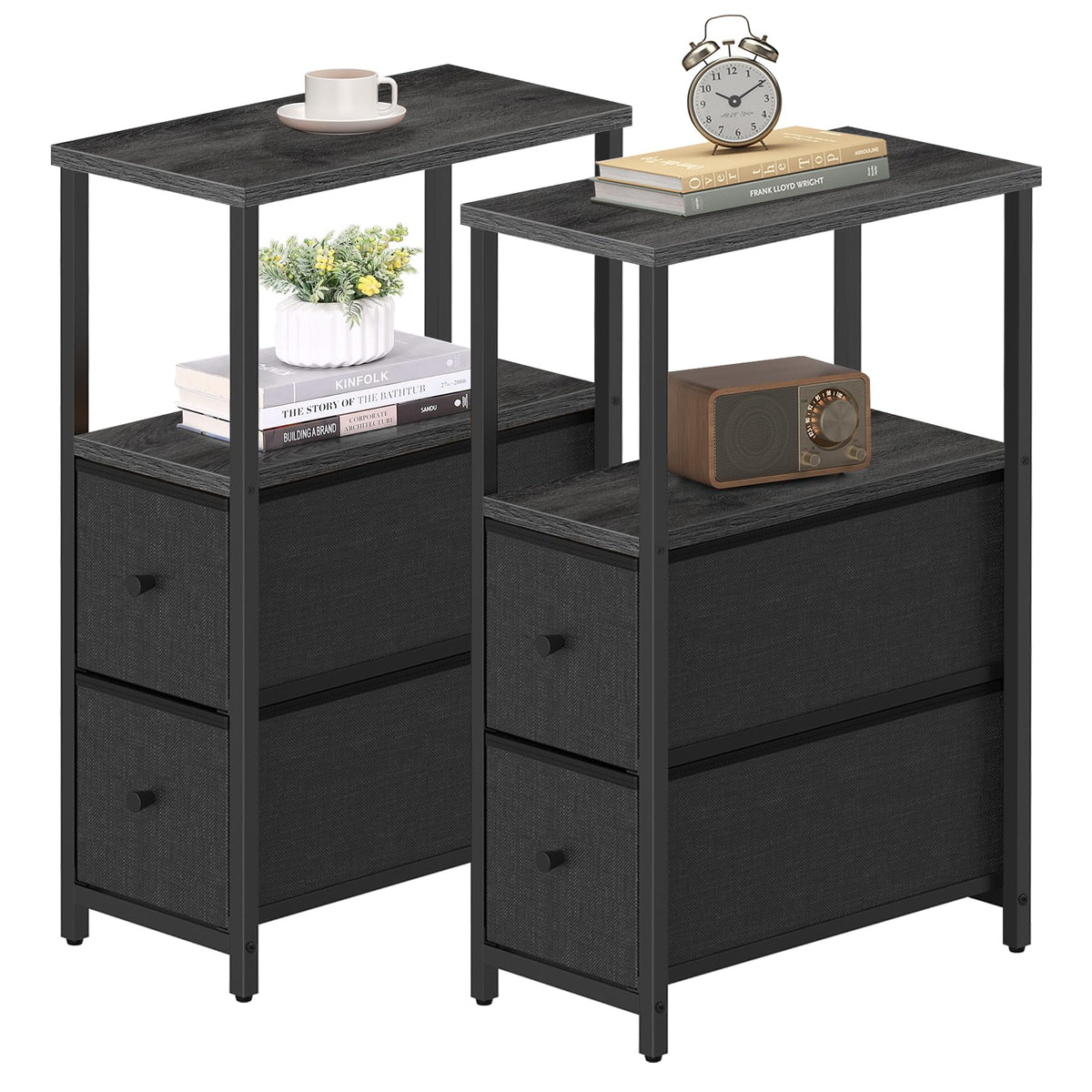 Tutotak Small Narrow End Table, Set Of 2, Side Table, Nightstand With 2 Cloth Drawers, Couch Table, For Living Room, Bedroom, Bedside, Charcoal Grey Tb01By054