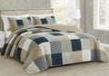 Chezmoi Collection Samuel 3-Piece Navy Blue White Gray Taupe Plaid Square Patchwork Quilt Set - Pre-Washed Cotton Quilted Lightw
