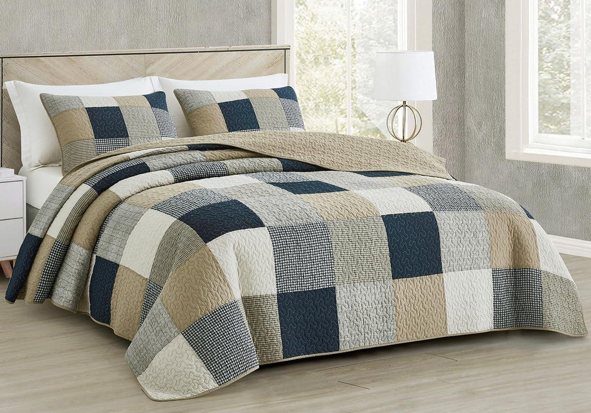 Chezmoi Collection Samuel 3-Piece Navy Blue White Gray Taupe Plaid Square Patchwork Quilt Set - Pre-Washed Cotton Quilted Lightw