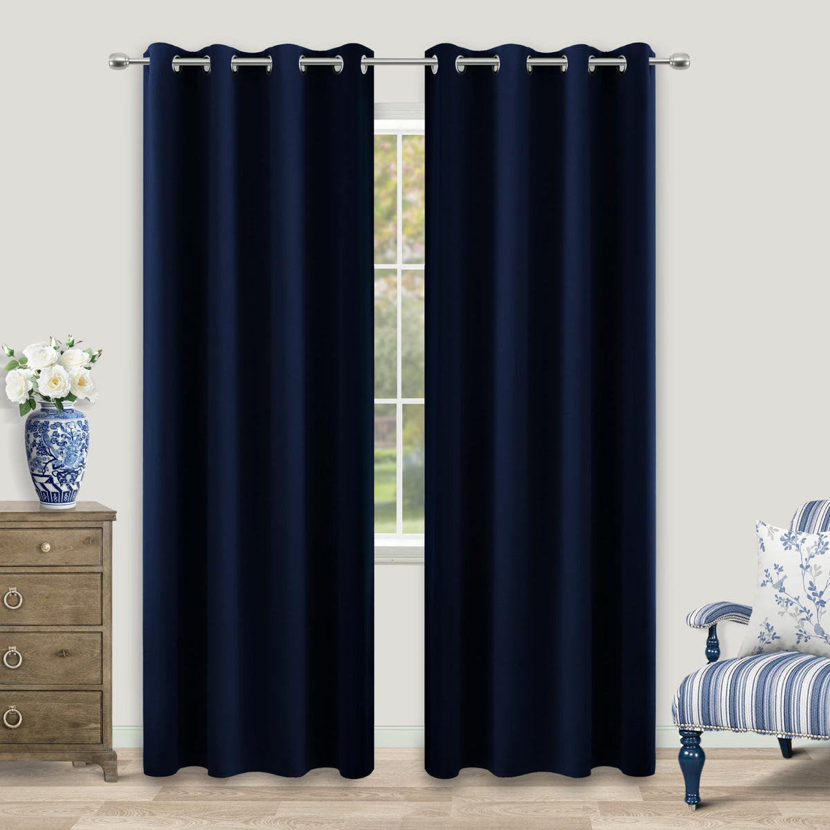 Koufall Navy Blue Drapes 96 Inch Long 2 Panels Window Treatments Curtains,Blackout Grommet Room Darkening Thermal Microfiber Sil