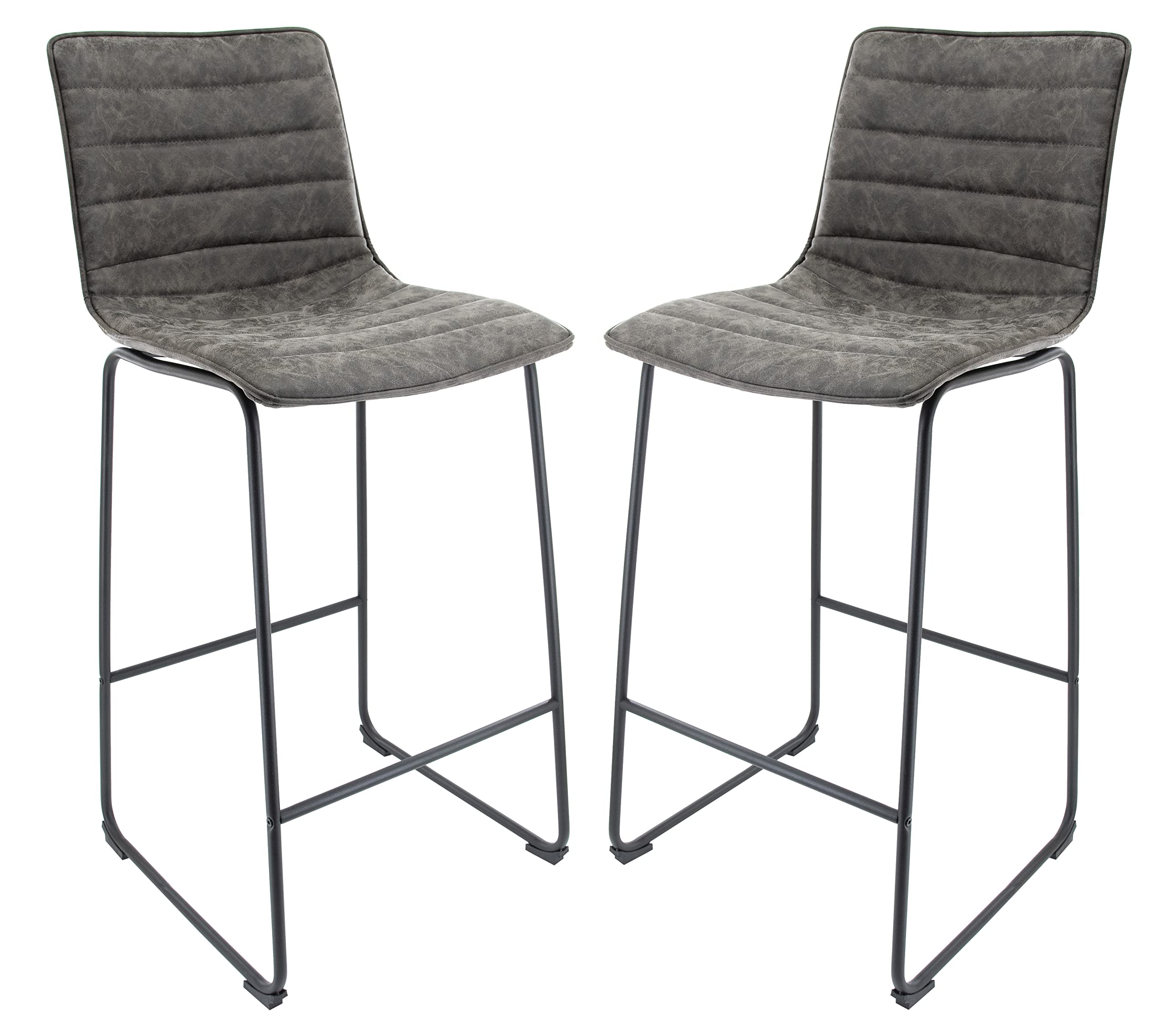 Leisuremod Brooklyn 29.9' Modern Leather Bar Stool Kitchen Island Stools With Black Iron Base & Footrest Set Of 2 (Grey)