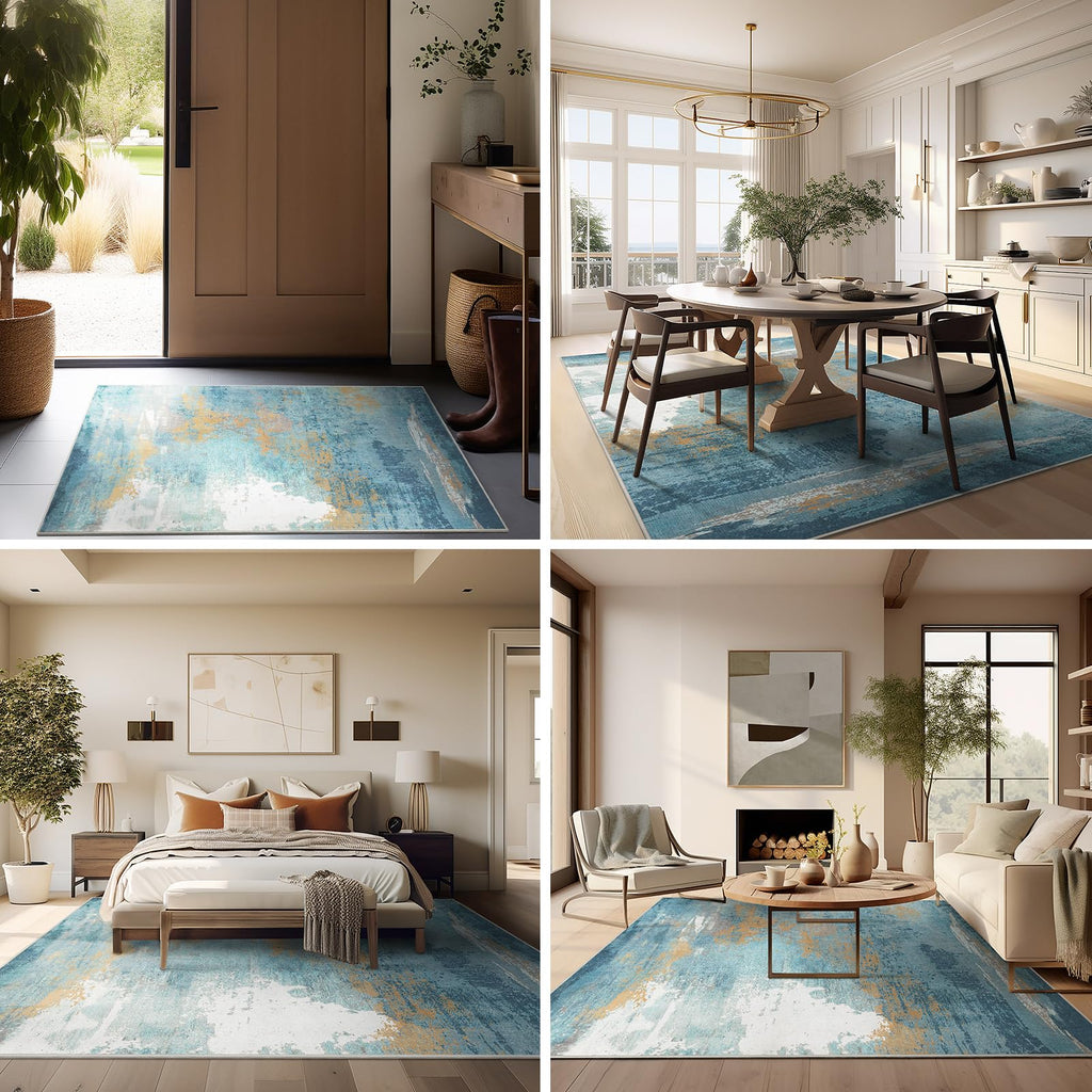 Ashler Abstract Rug, 4X6 Area Rugs, Modern Abstract Area Rug For Living Room, Bedroom, Kitchen Dining Room, Office, Blue Home De