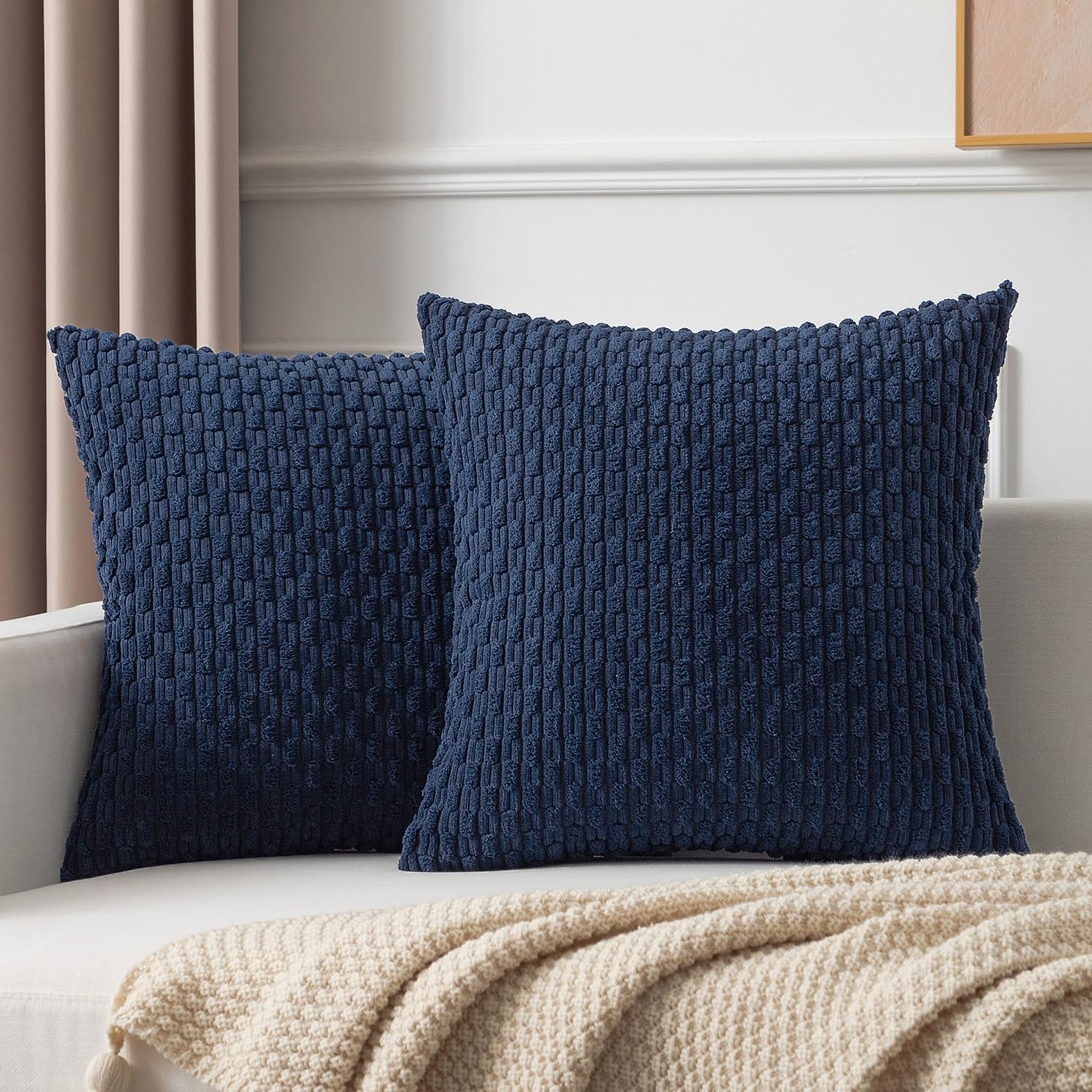 Kevin Textile Pack Of 2 Corduroy Decorative Throw Pillow Covers 26X26 Inch Soft Boho Striped Pillow Covers Modern Farmhouse Home Decor For Spring Sofa Living Room Couch Bed Navy Blue