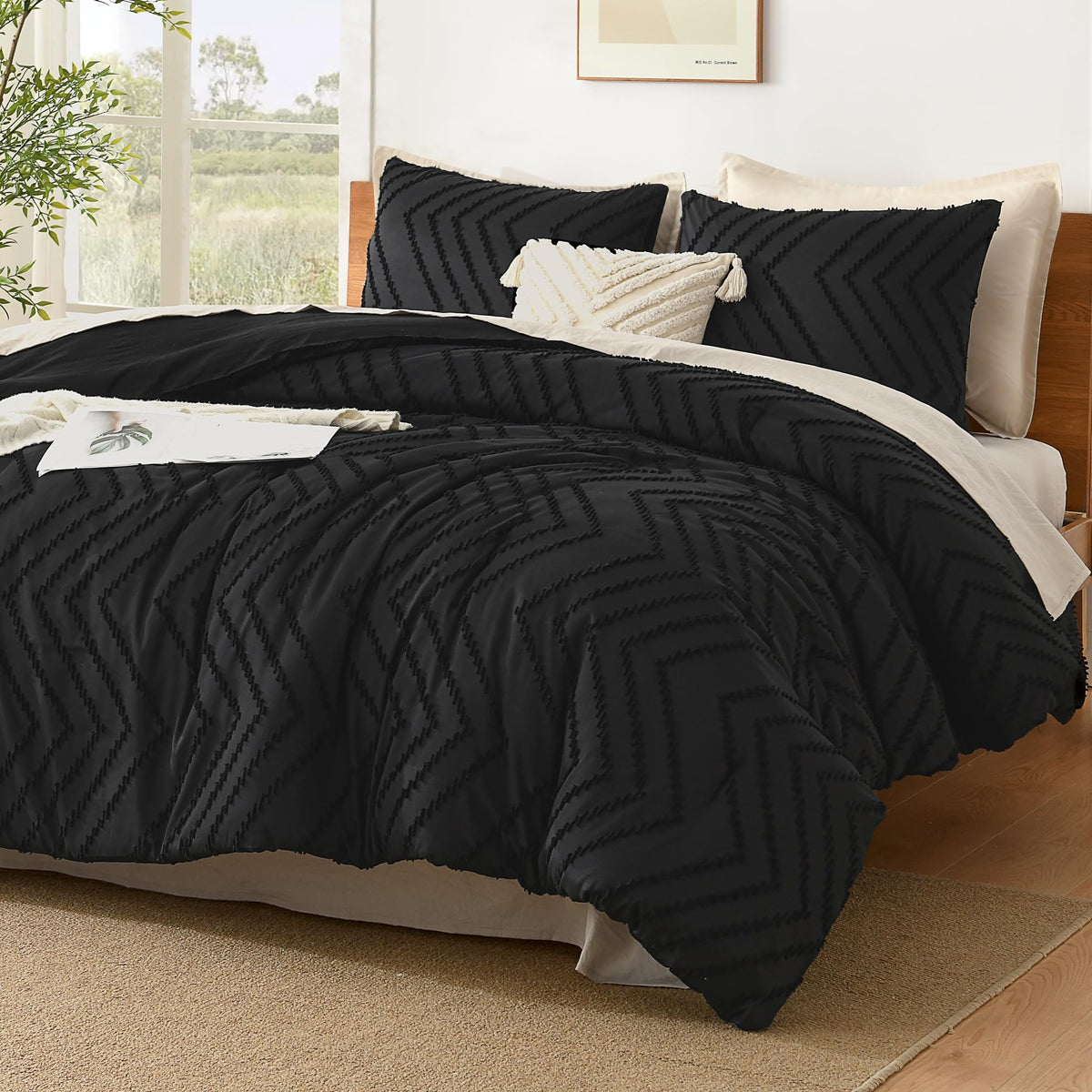 Litanika Oversized King Comforter Set Super King Size 120X120, 3 Pieces Black Chevron Tufted Solid Bedding Comforter Sets, Fluff