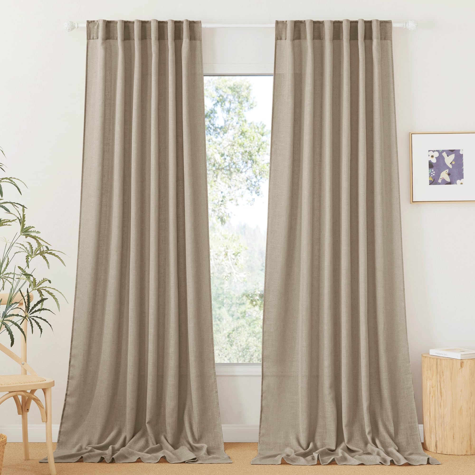 Ryb Home Linen Sheer Curtains For Living Room, Boho Classic Linen Blend Elegant Light Filtering Privacy Protected Panels Ceiling