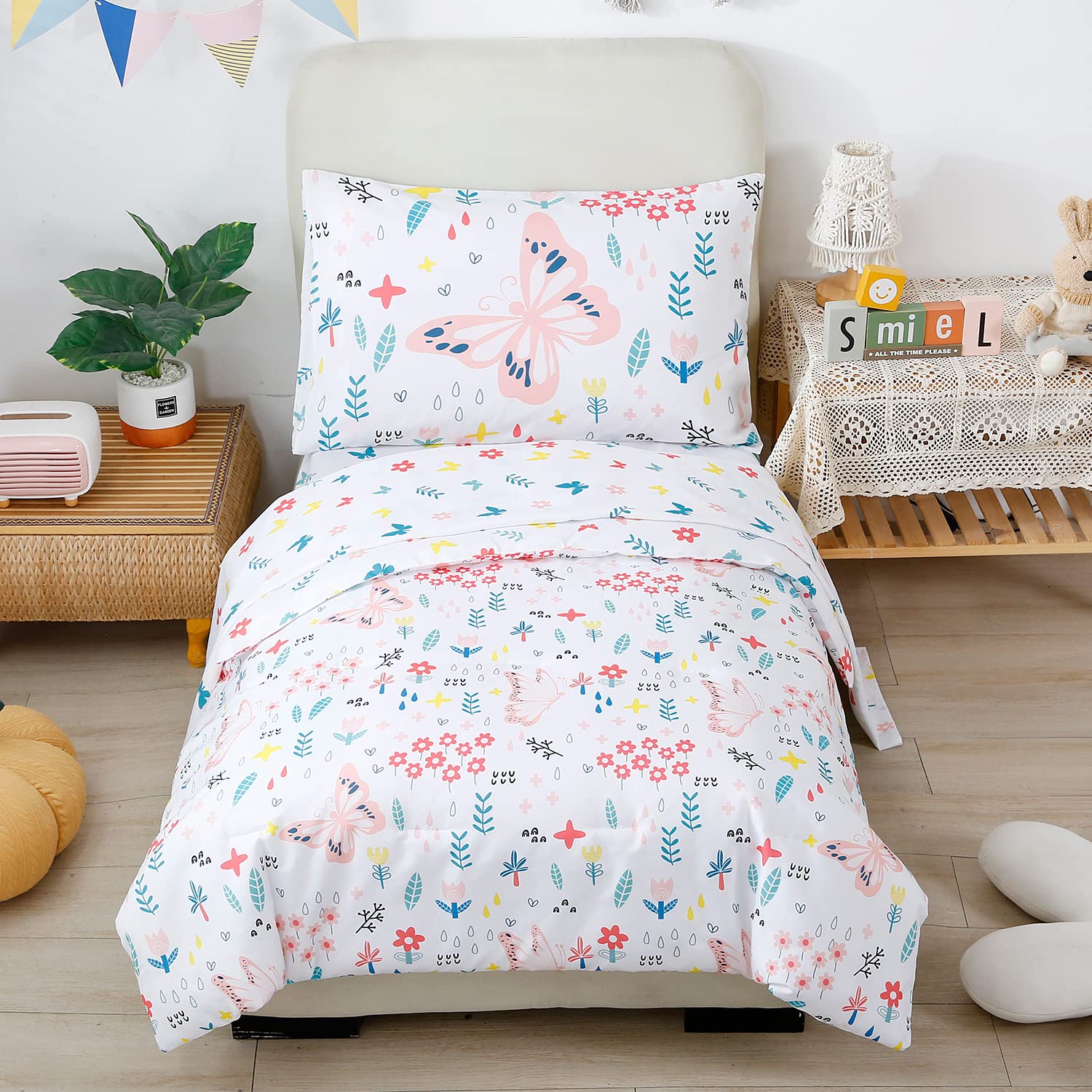 Perfemet Girls Floral Comforter Set 4 Pieces Flower Bedding Set For Twin Bed Botanical Trees Leaves Butterfly Pattern Comforter