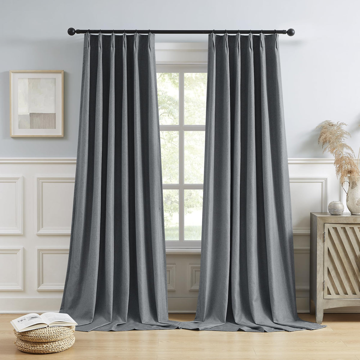 Dualife Extra Long Pinch Pleated Full Blackout Curtains 120 Inch Length,Back Tab With Hooks Window Drapes Thermal Insulated Blac