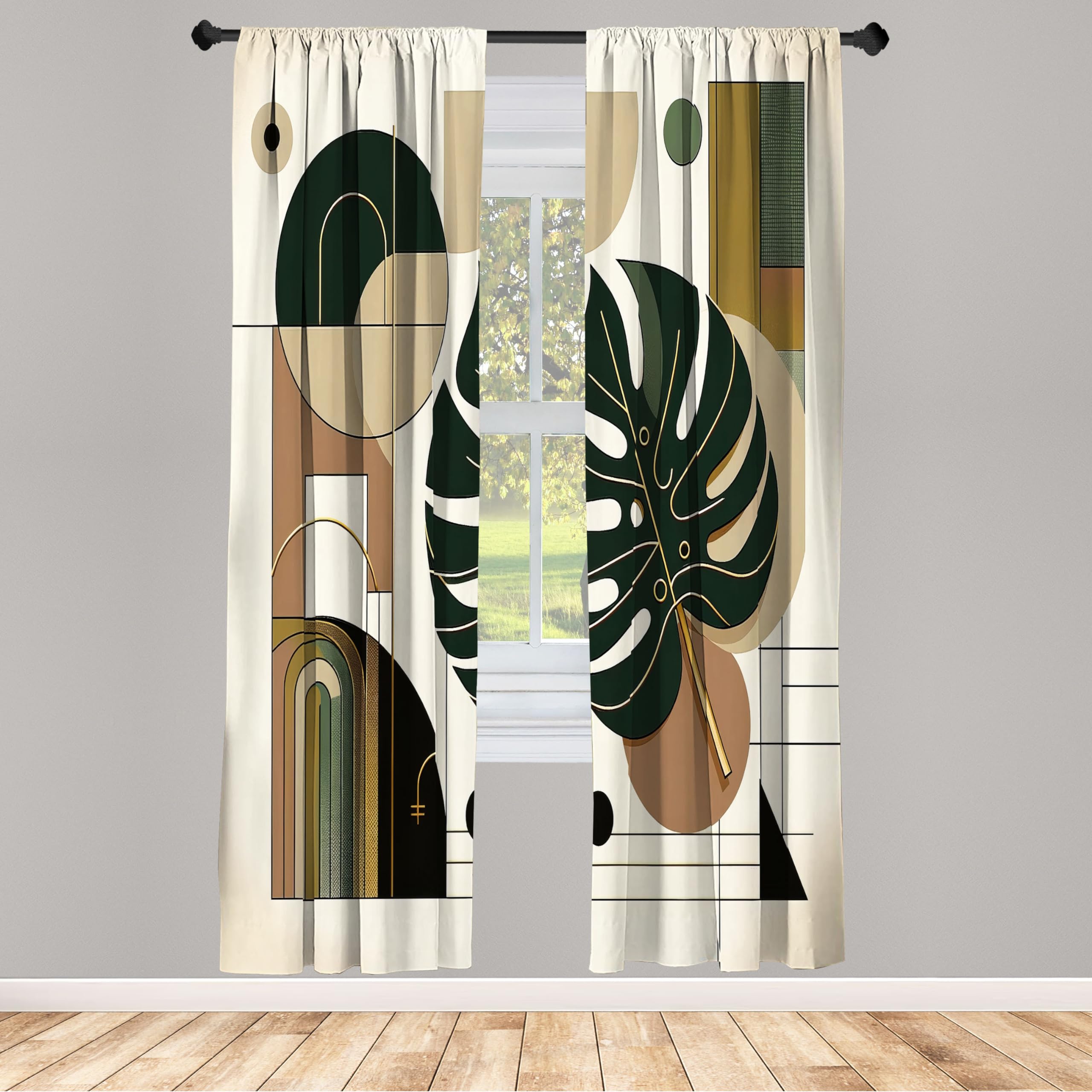 Ambesonne Modern Window Curtains Pack Of 2, Monstera Leaf With Mid Century Boho Geometric Rounds Lines Minimalist, Lightweight S