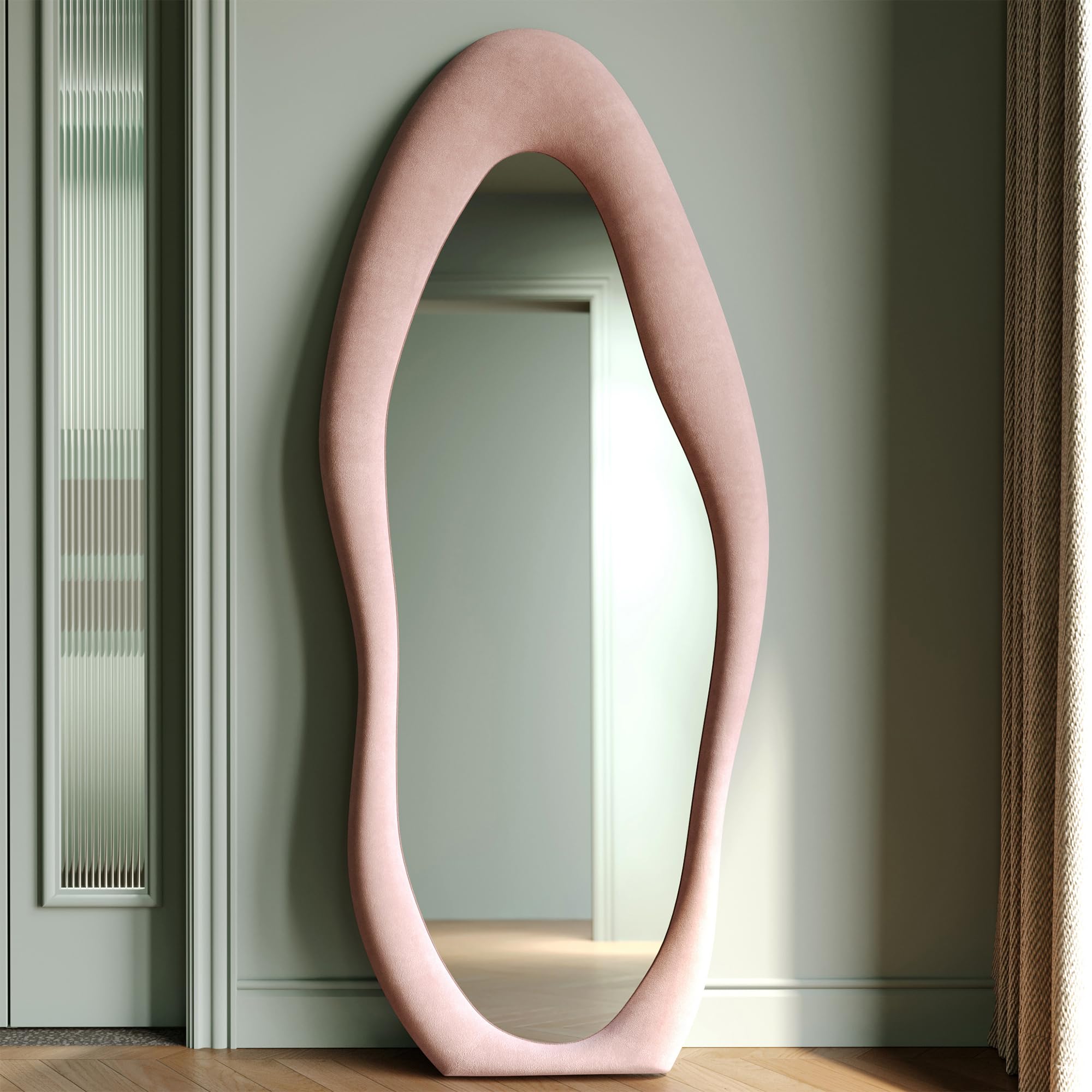 Honyee Full Length Mirror, 63'' X 24'' Wall Mirror, Flannel Wrapped Wooden Frame Full Body Mirror, Irregular Wavy Mirror Hanging