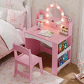 Girls Vanity with Lights, Kids Vanity Table and Chair Set for Princess, Toddler Makeup Vanity Desk with Open Bookshelf, Storage 