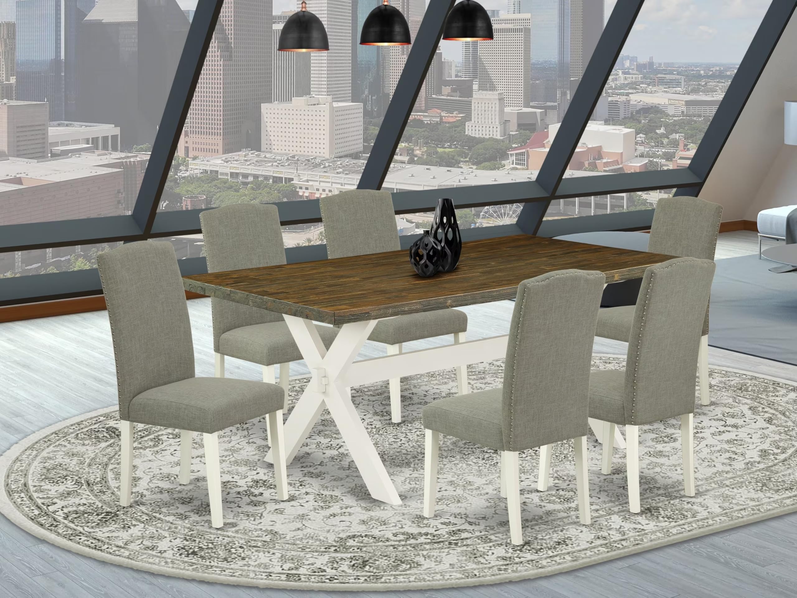 East West Furniture X077En206-7 7 Piece Modern Dining Table Set Consist Of A Rectangle Wooden Table With X-Legs And 6 Dark Shitake Linen Fabric Upholstered Chairs, 40X72 Inch, Multi-Color