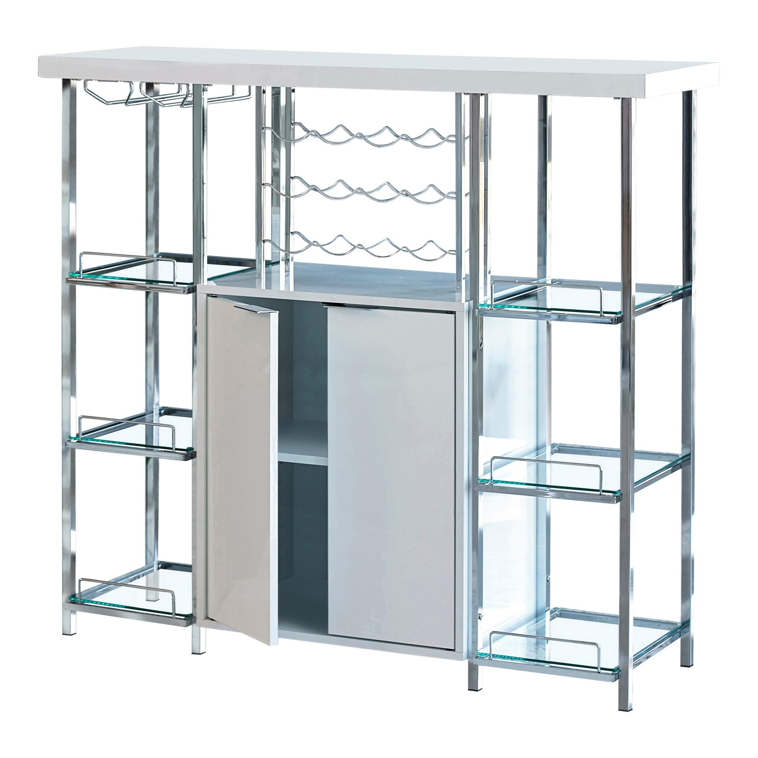 Benjara 6 Glass Shelf Metal Frame Bar Cabinet With Power Outlet, Clear And Chrome