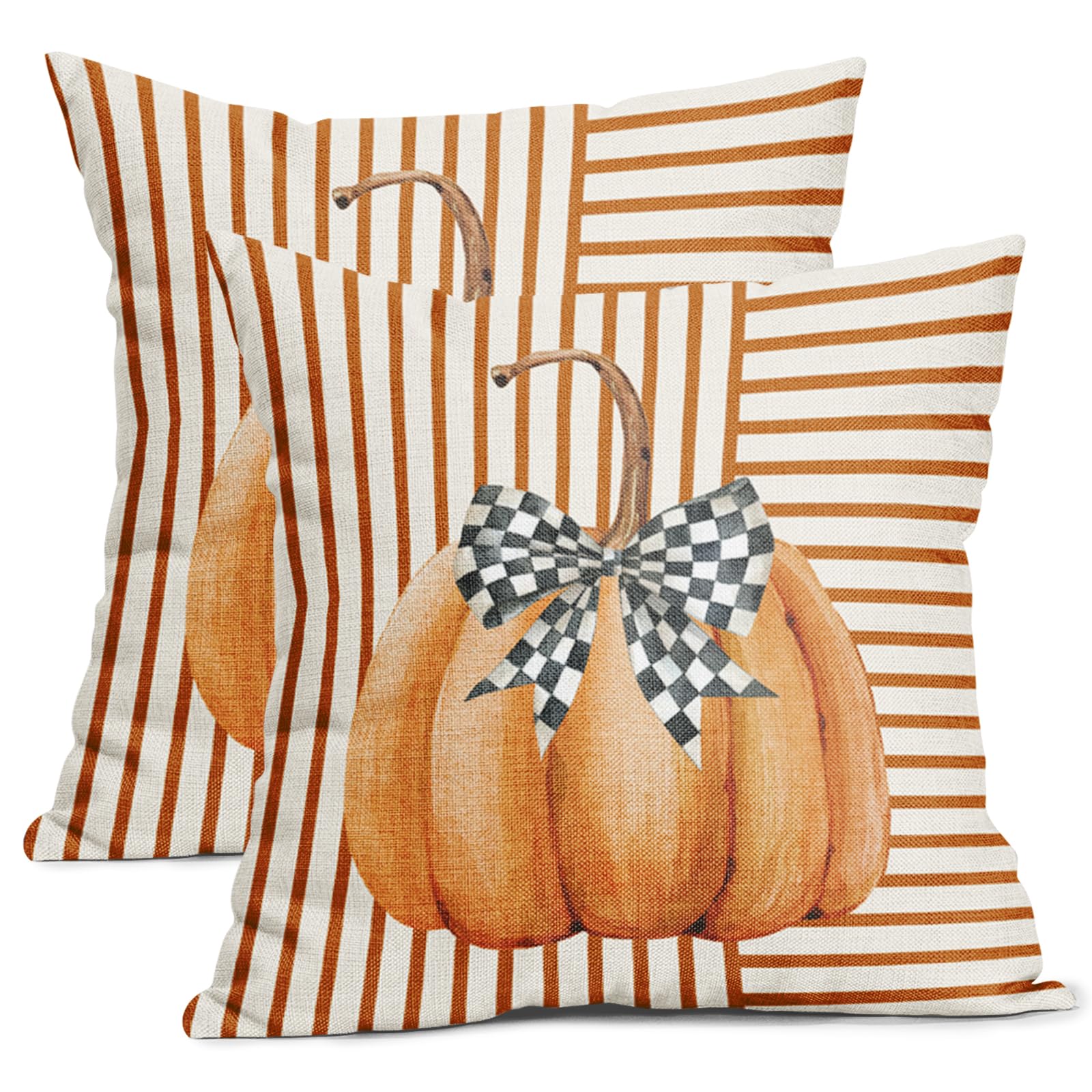 Orange Pumpkin Striped Fall Pillow Covers 18X18 Inch Autumn Harvest Thanksgiving Decorative Pillow Cases Set Of 2 Farmhouse Cott