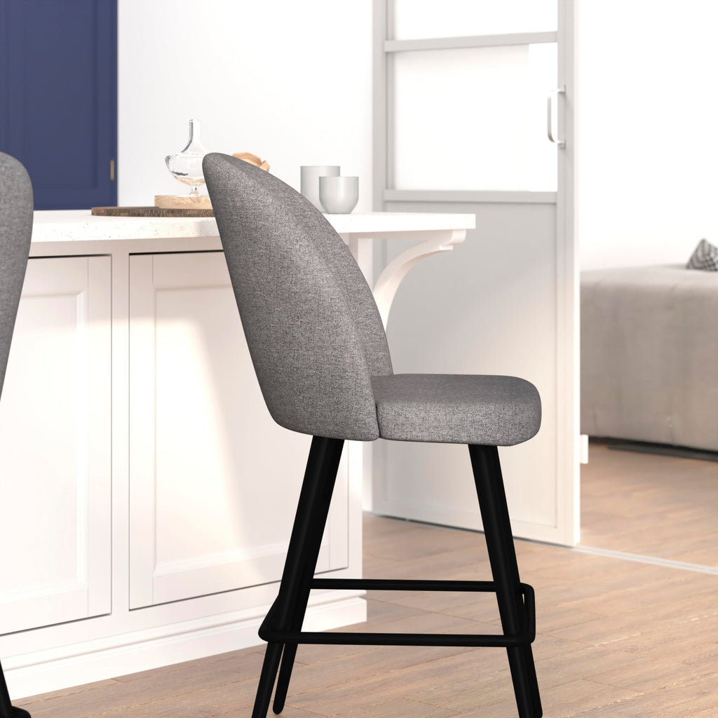 Flash Furniture Lyla Commercial Grade Modern Armless Counter Stools-Gray Faux Linen Upholstery-26" Barstool-Contoured Backrest-Steel Frame & Footrest-Set of 2