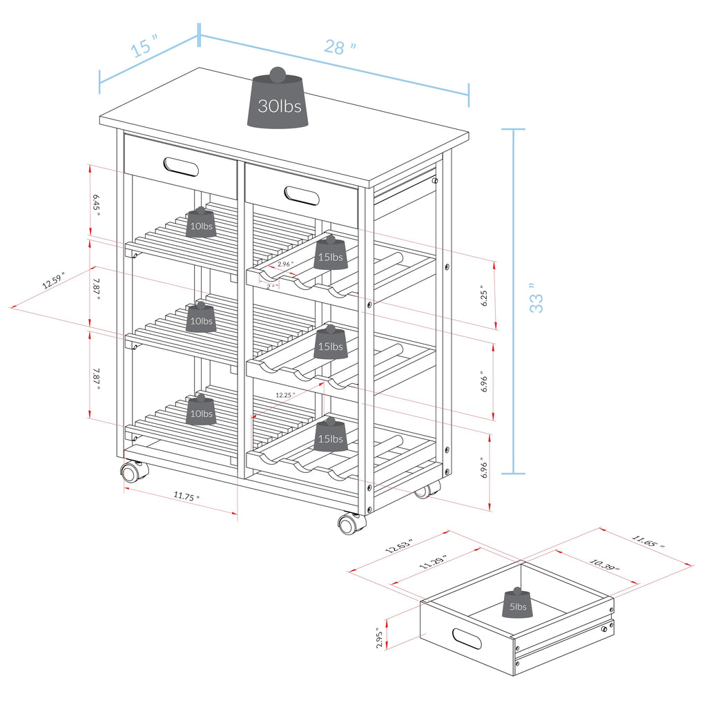 Casual Home Solid Wood 28" Wide L 4-Tier Rolling Kitchen Island Trolley With Wine Rack And Drawer, Mocha/Black
