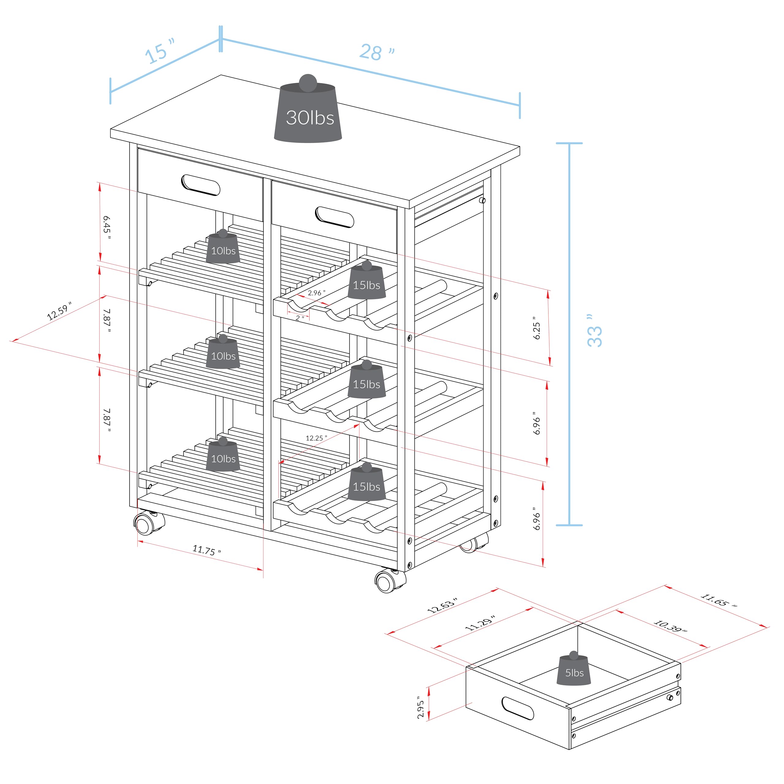 Casual Home Solid Wood 28" Wide L 4-Tier Rolling Kitchen Island Trolley With Wine Rack And Drawer, Mocha/Black