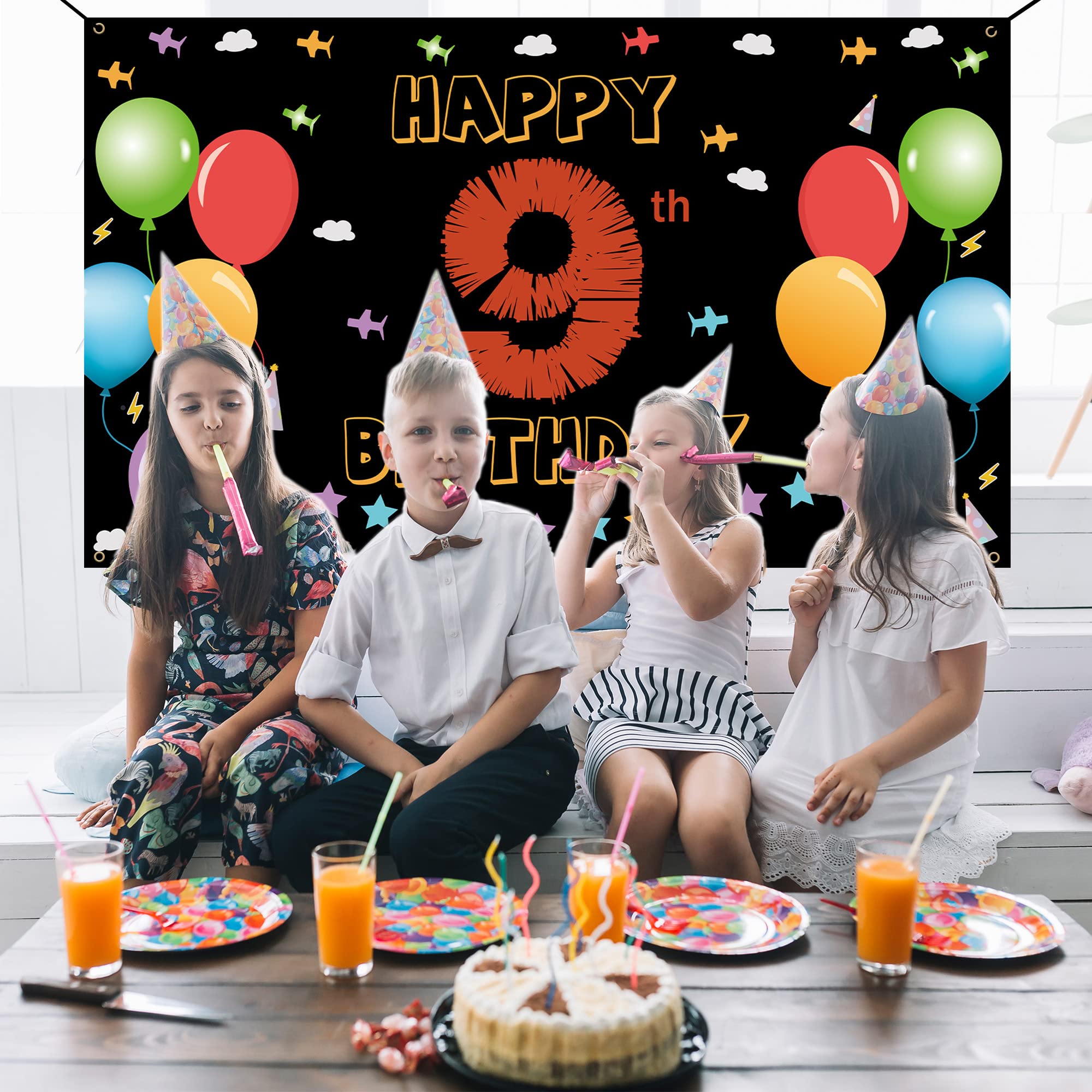 9Th Birthday Backdrop Banner, Happy 9Th Birthday Decorations For Girls Boys, 9 Year Old Birthday Yard Sign, Colorful Ninth Birth
