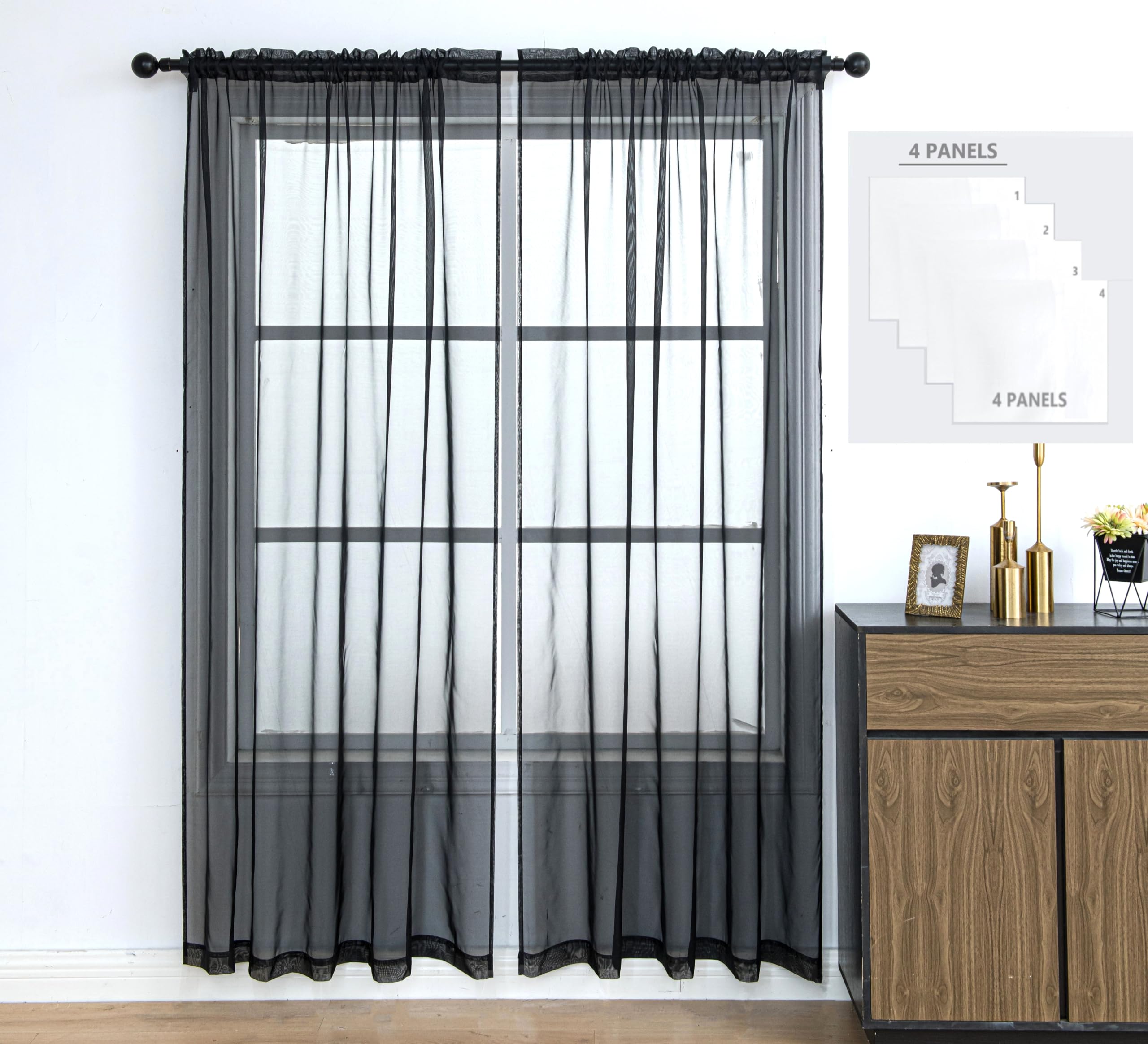 Pi Sheer Curtain 108 Inches Long,Light Window Drapery Soft Airy Voile With Rod Pocket For Living Room/Bedroom/Patio Door/Sliding Glass Door 2 Panels(W42Xl108,Black)