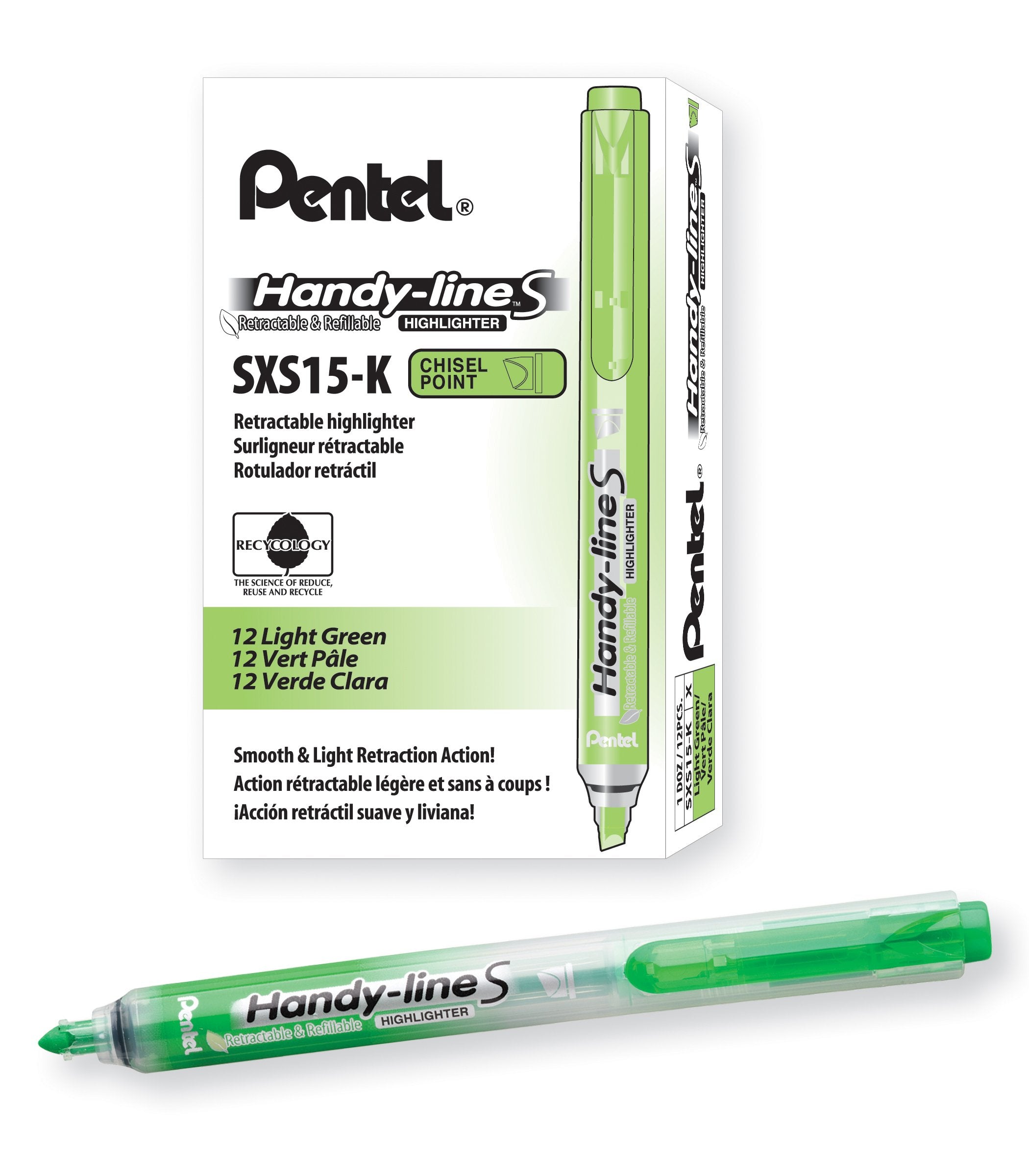 Pentel Handy-Line S Retractable And Refillable Chisel Tip Highlighter, Light Green Ink, Box Of 12 (Sxs15-K)